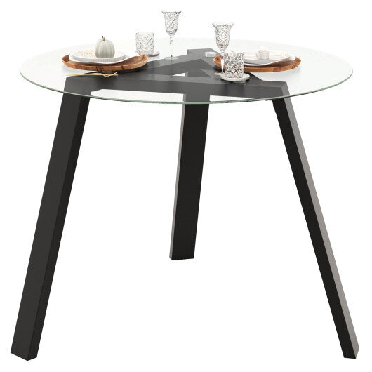36 Inches Round Glass Dining Table for 4 with Rubber Wood Frame-Natural