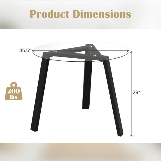 36 Inches Round Glass Dining Table for 4 with Rubber Wood Frame-Natural