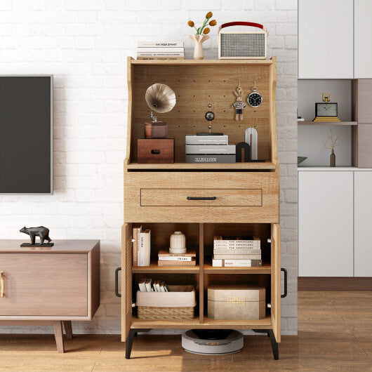 Coffee Bar Cabinet with Pegboard Storage Drawer and Adjustable Shelf-Oak