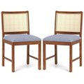 Rattan Dining Chair Set of 2 with Rubber Wood Frame and Linen Fabric Padded Seat-Walnut