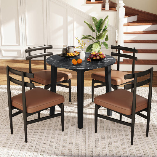 35 Inch Round Dining Table with Rubber Wood Legs and Marble-textured Veneer Tabletop-Brown
