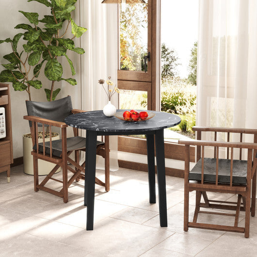 35 Inch Round Dining Table with Rubber Wood Legs and Marble-textured Veneer Tabletop-Brown