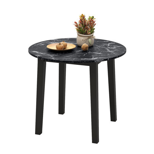 35 Inch Round Dining Table with Rubber Wood Legs and Marble-textured Veneer Tabletop-Brown