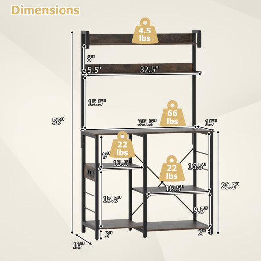 Kitchen Bakers Rack with Power Outlet 5-Tier Microwave Oven Stand with LED Lights-Black
