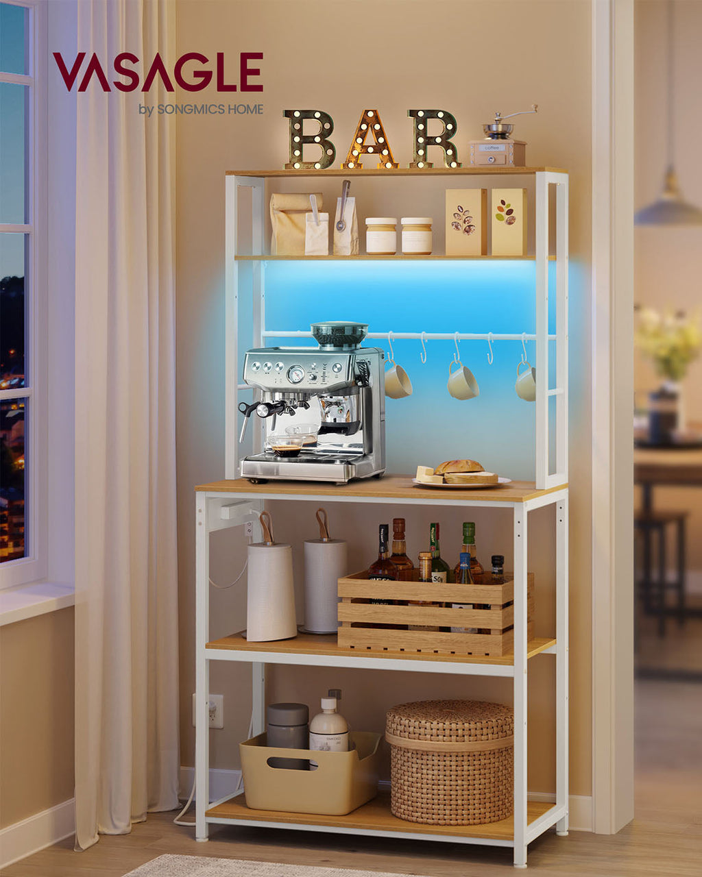 Coffee Bar with LED Lights Power Outlet Golden Oak and Matte White