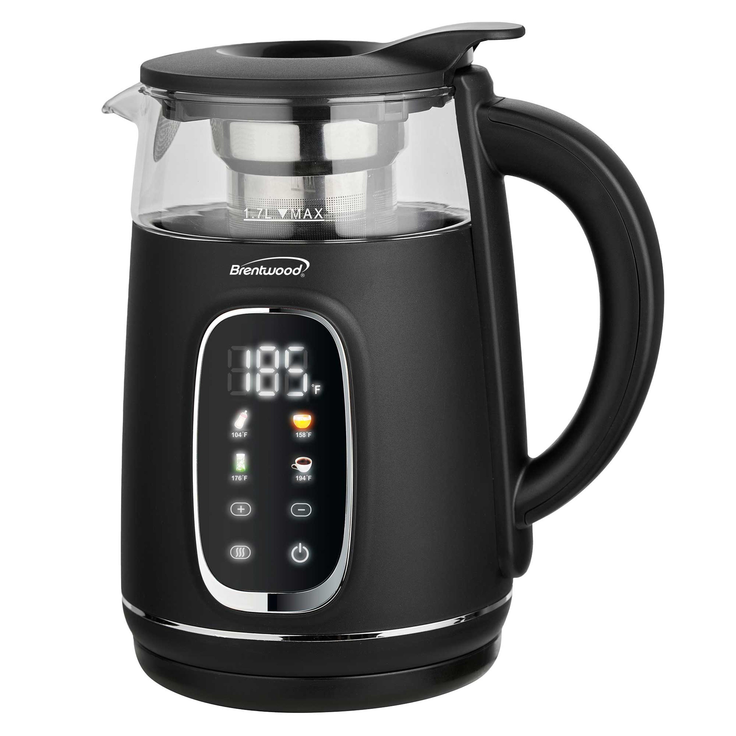 Brentwood 1.7L 1100W BPA Free 360 Cordless Digital Glass Electric Kettle in Black with Tea Infuser