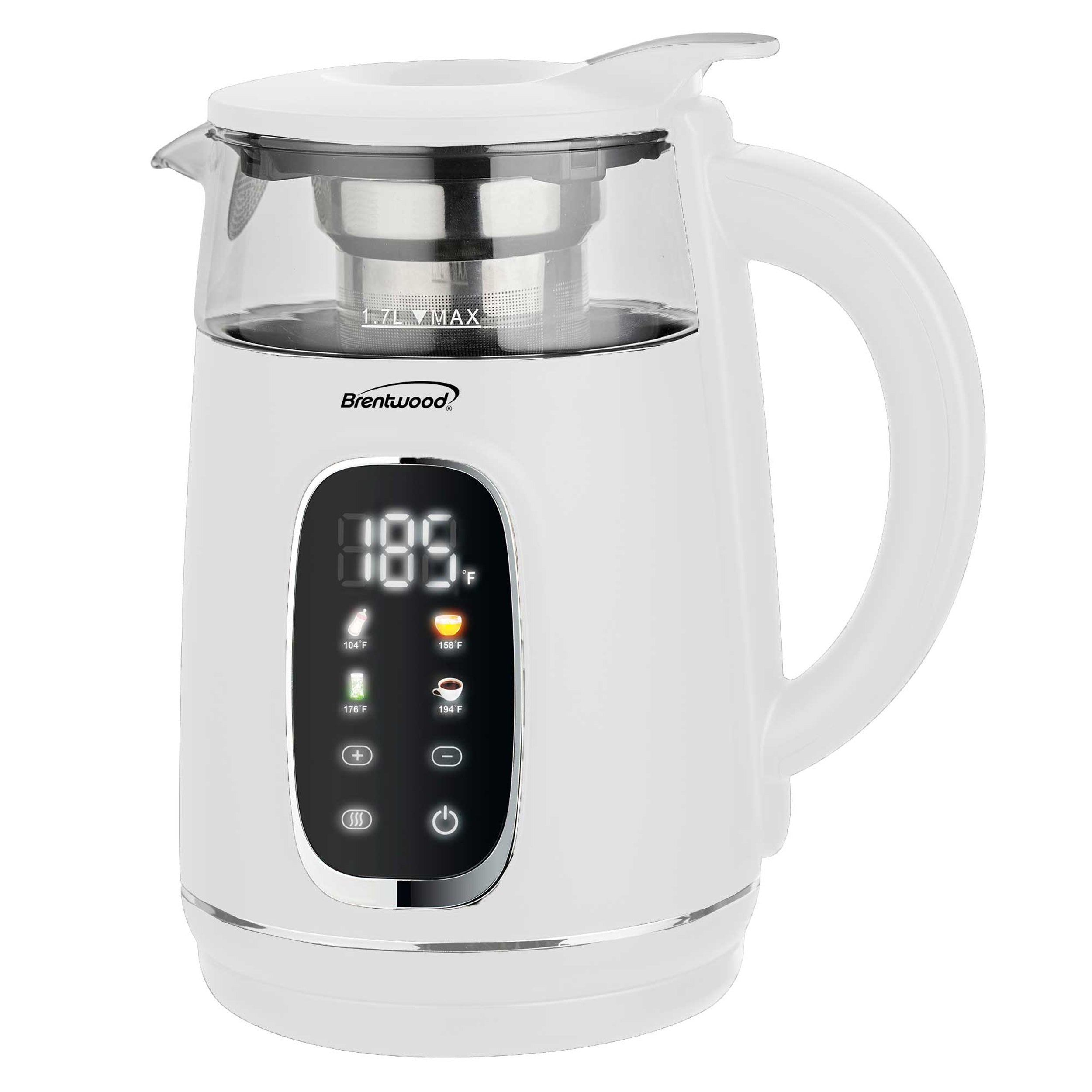 Brentwood 1.7L 1100W BPA Free 360 Cordless Digital Glass Electric Kettle in White with Tea Infuser