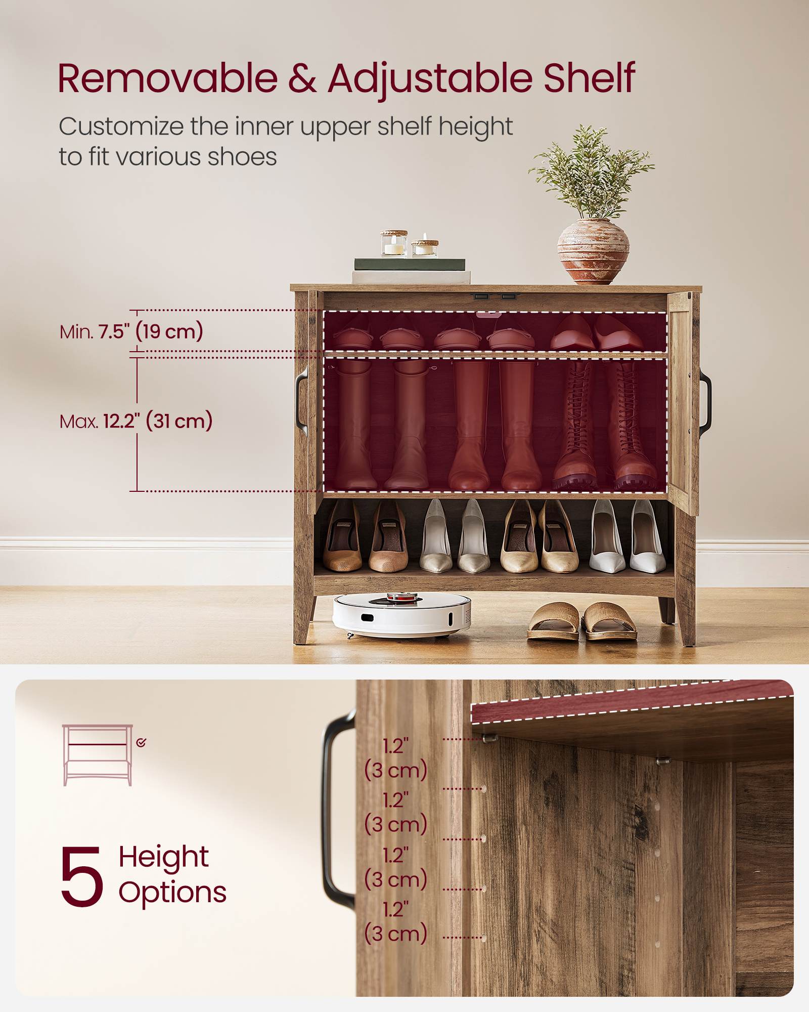3-Tier Shoe Cabinet with Height-Adjustable Shelf