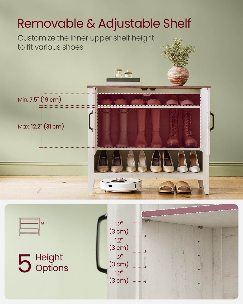 3-Tier Shoe Cabinet with Height-Adjustable Shelf