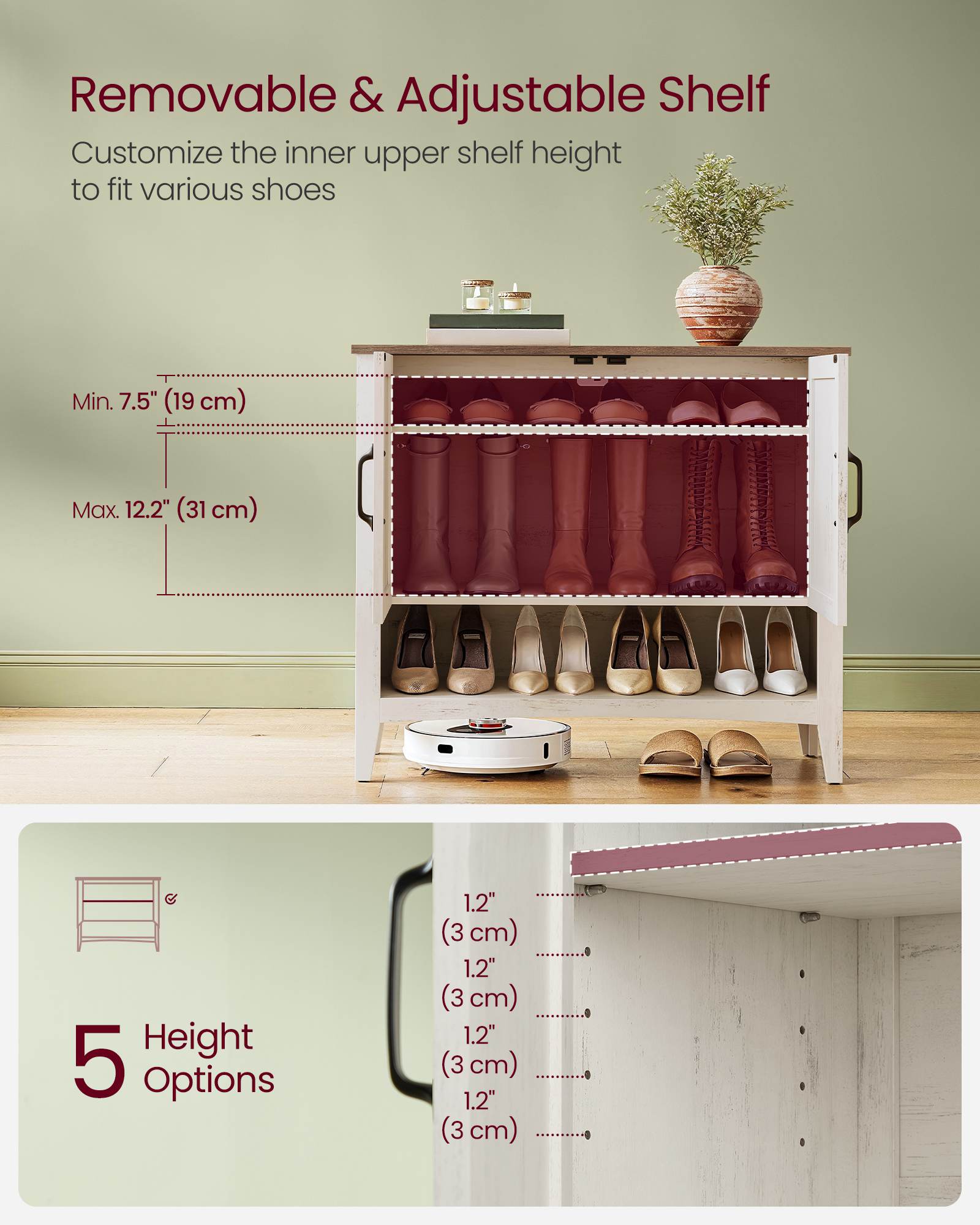 3-Tier Shoe Cabinet with Height-Adjustable Shelf