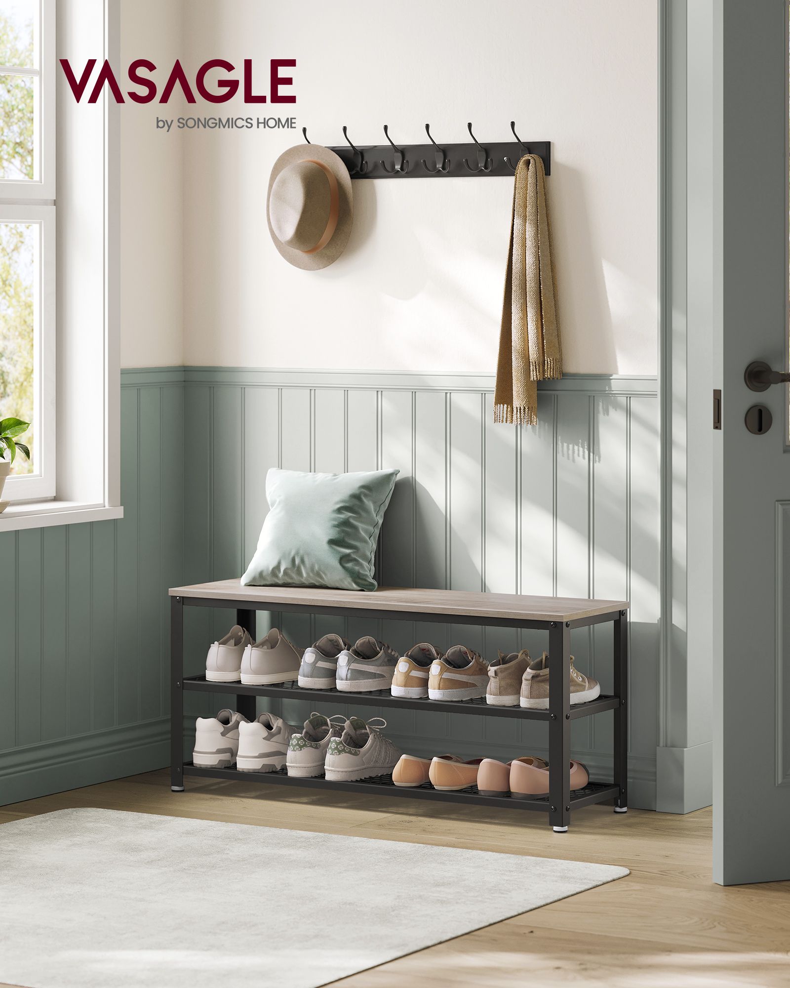 3-Tier Shoe Rack, Shelf Storage Bench with Metal Mesh Shelves and Seat
