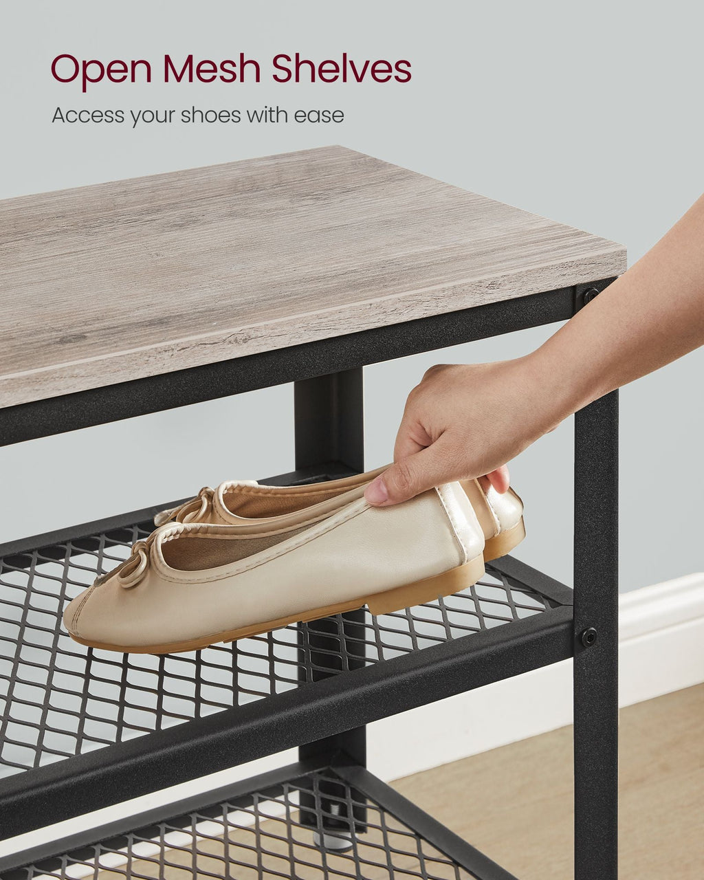 3-Tier Shoe Rack, Shelf Storage Bench with Metal Mesh Shelves and Seat