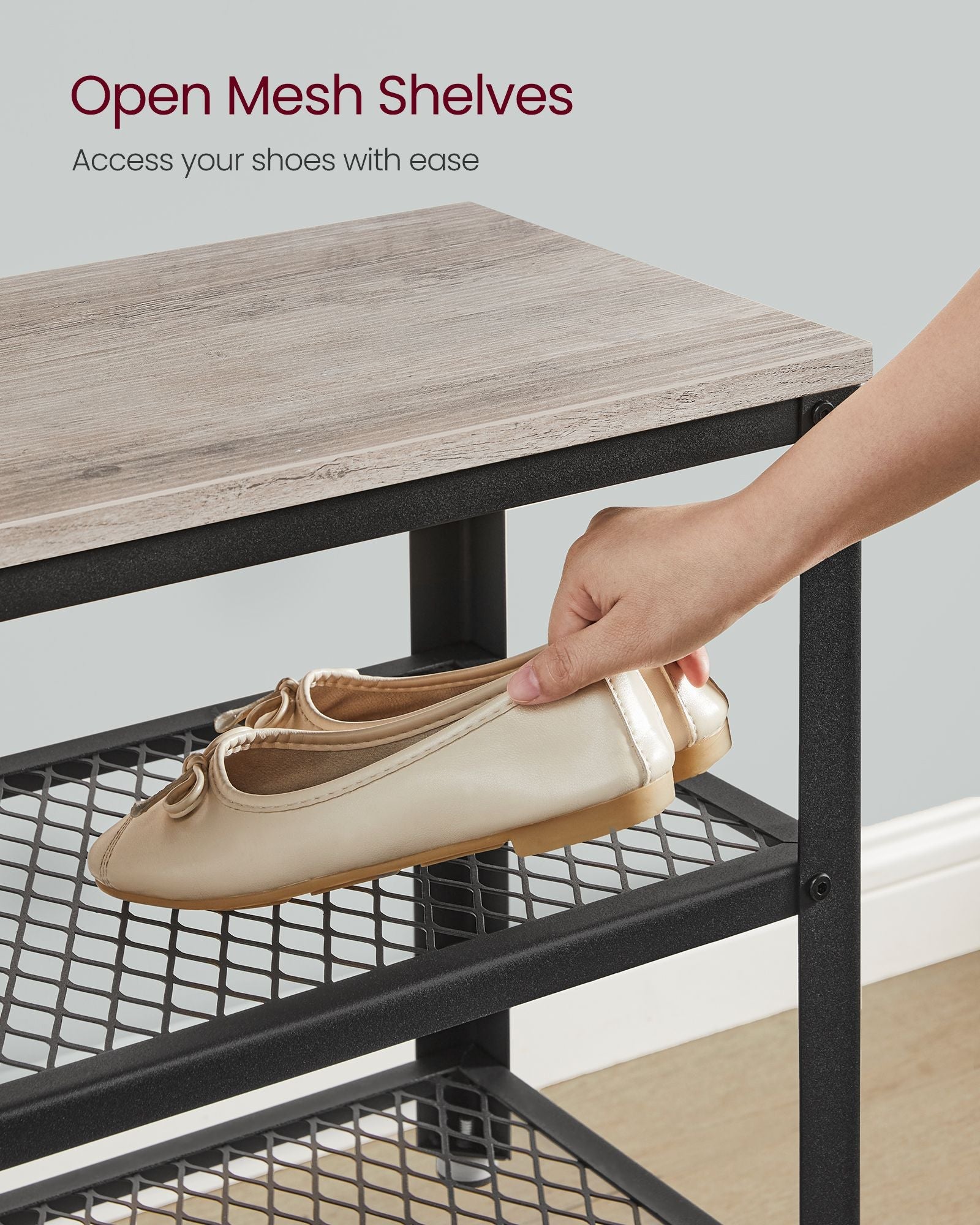 3-Tier Shoe Rack, Shelf Storage Bench with Metal Mesh Shelves and Seat