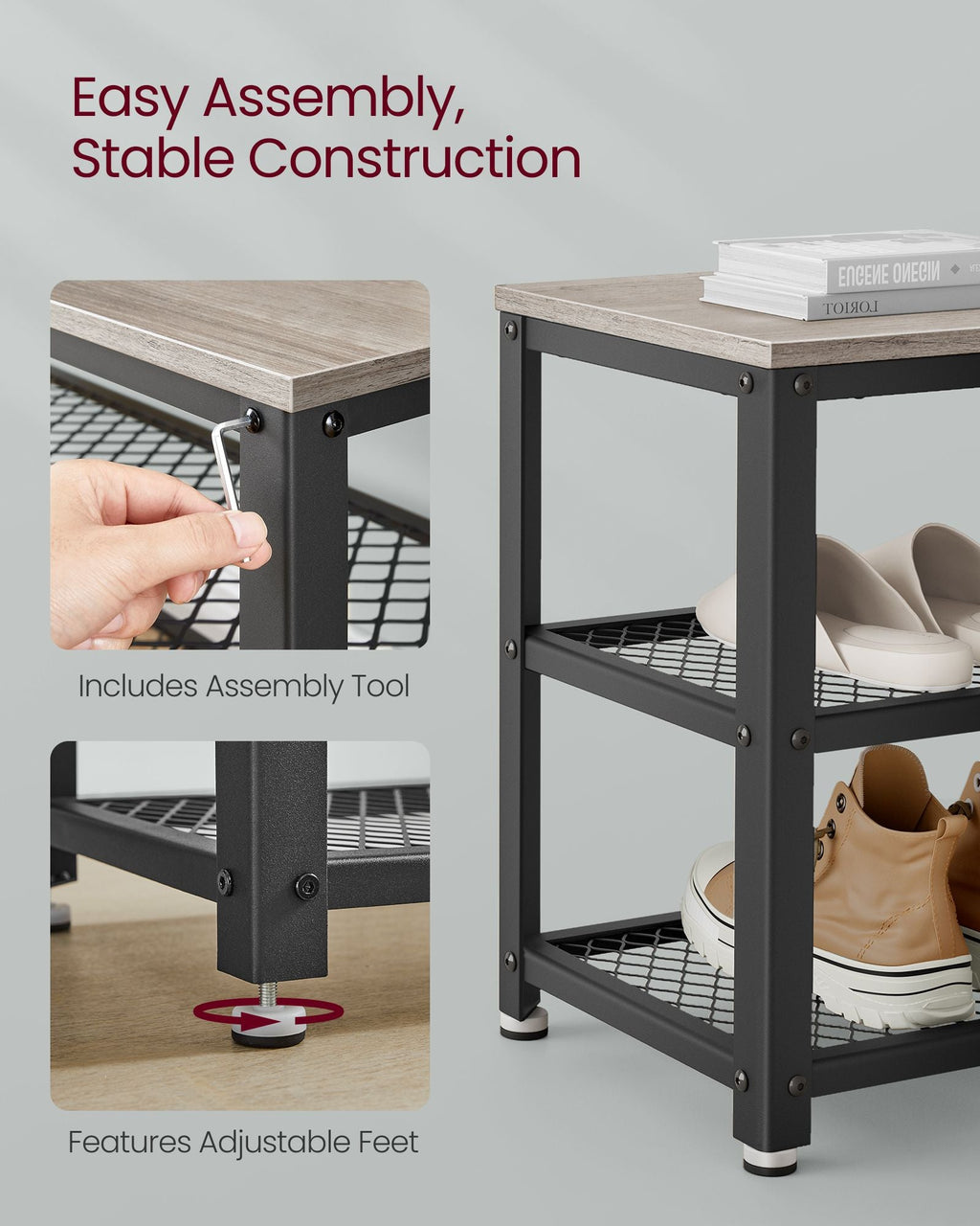 3-Tier Shoe Rack, Shelf Storage Bench with Metal Mesh Shelves and Seat