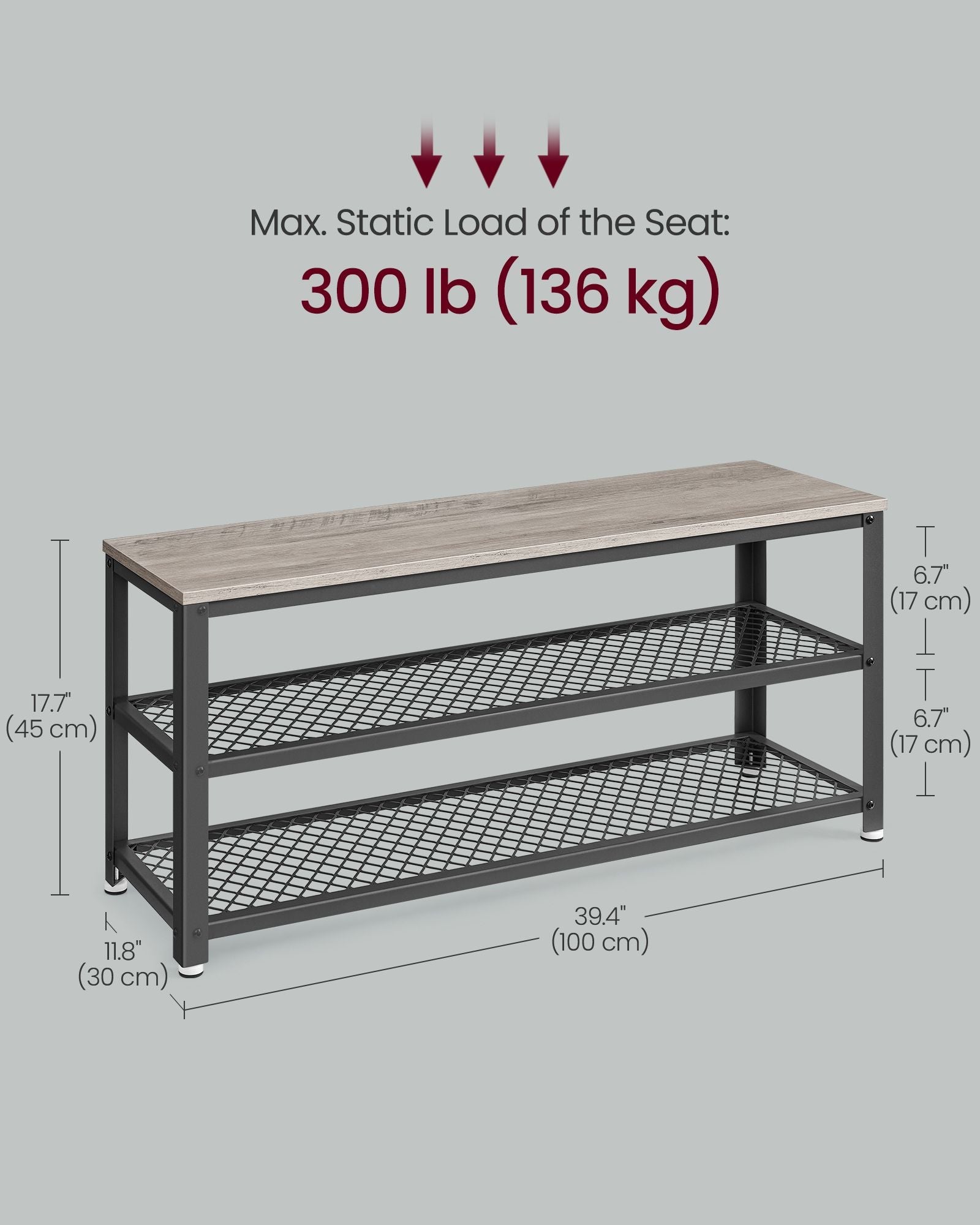 3-Tier Shoe Rack, Shelf Storage Bench with Metal Mesh Shelves and Seat