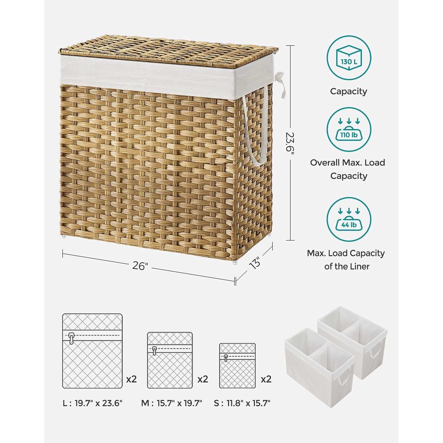 130L Clothes Hamper with 2 Removable Liner Bags