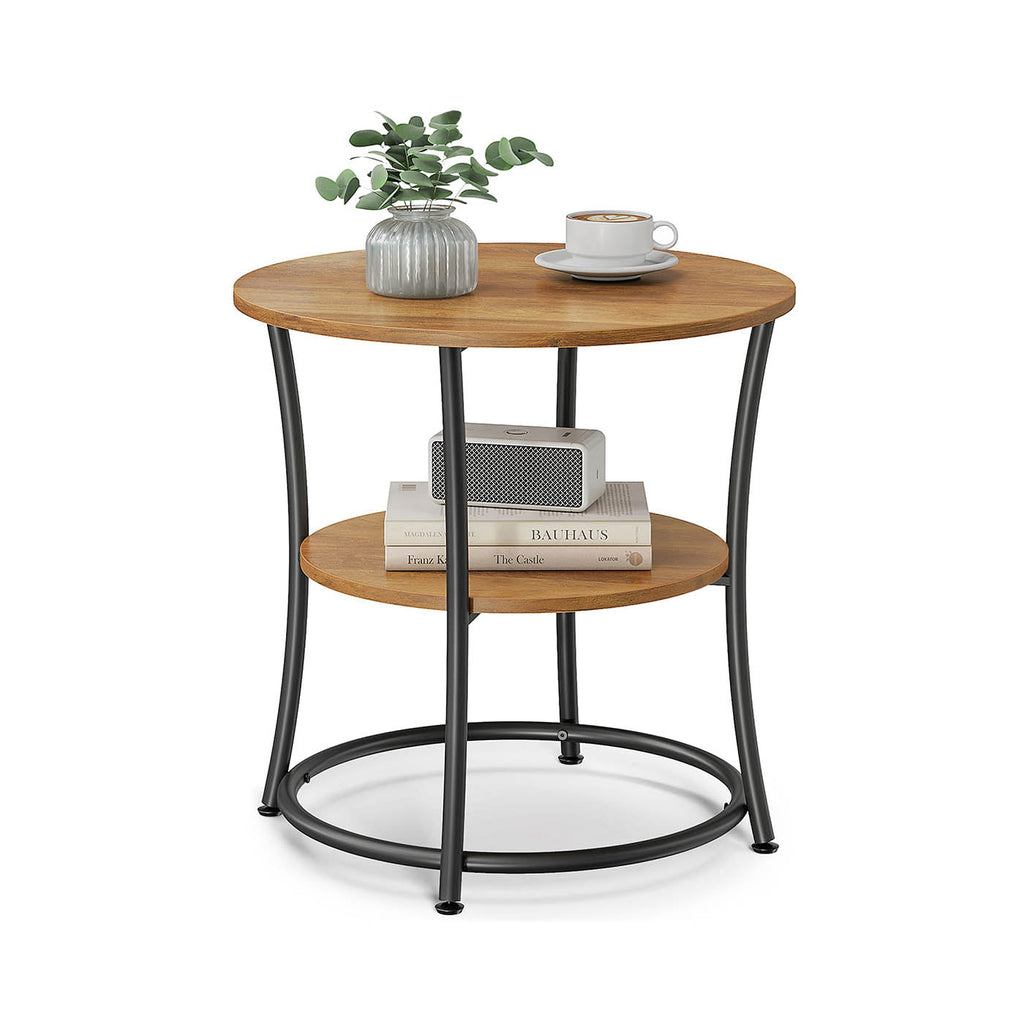 Side Table, Round End Table with 2 Shelves, Living Room, Bedroom, Easy Assembly, Steel Frame, Industrial Design, Rustic Walnut and Black