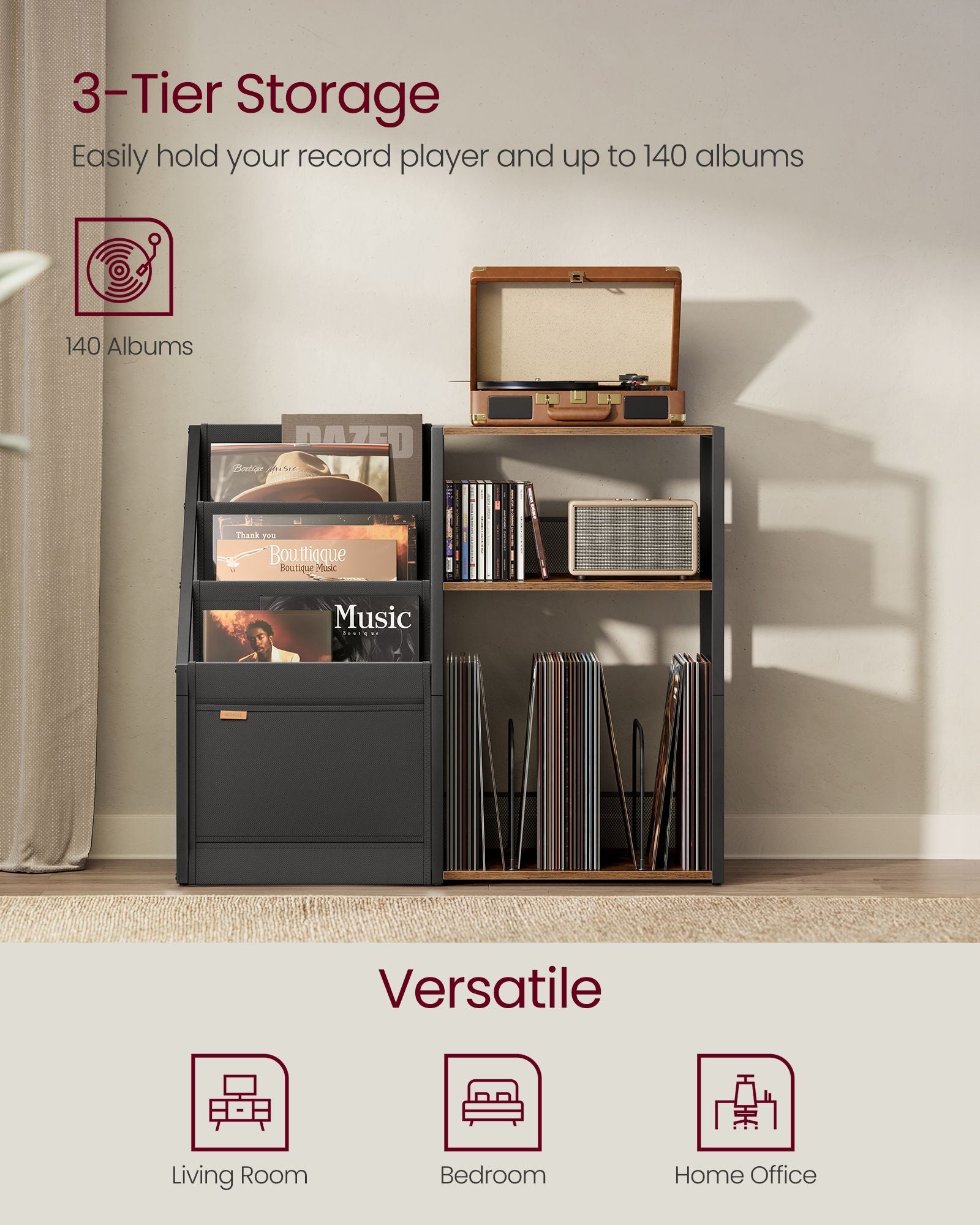 3-Tier Record Player Stand for 140 Albums