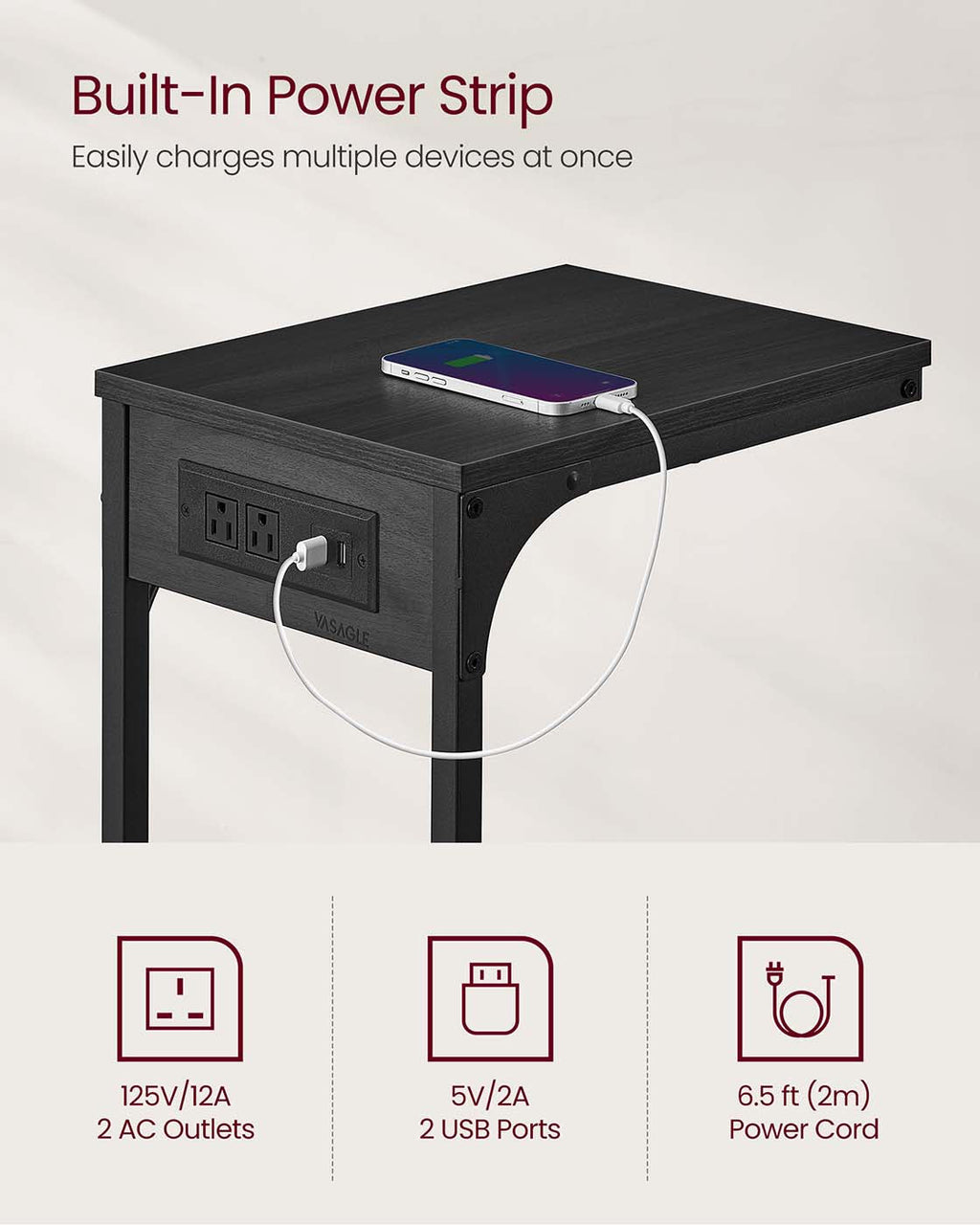 C-Shaped Side Table with Charging Station