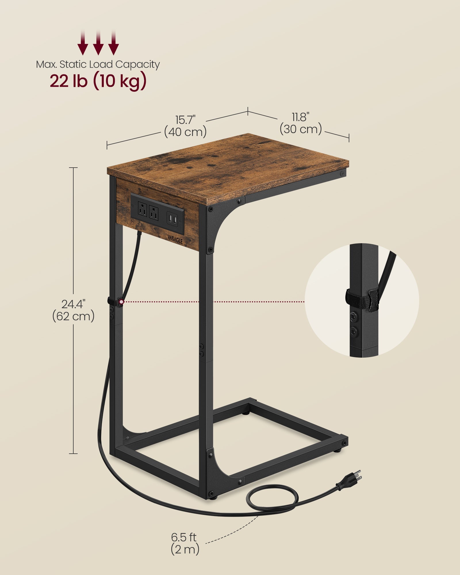 C-Shaped Side Table with Charging Station