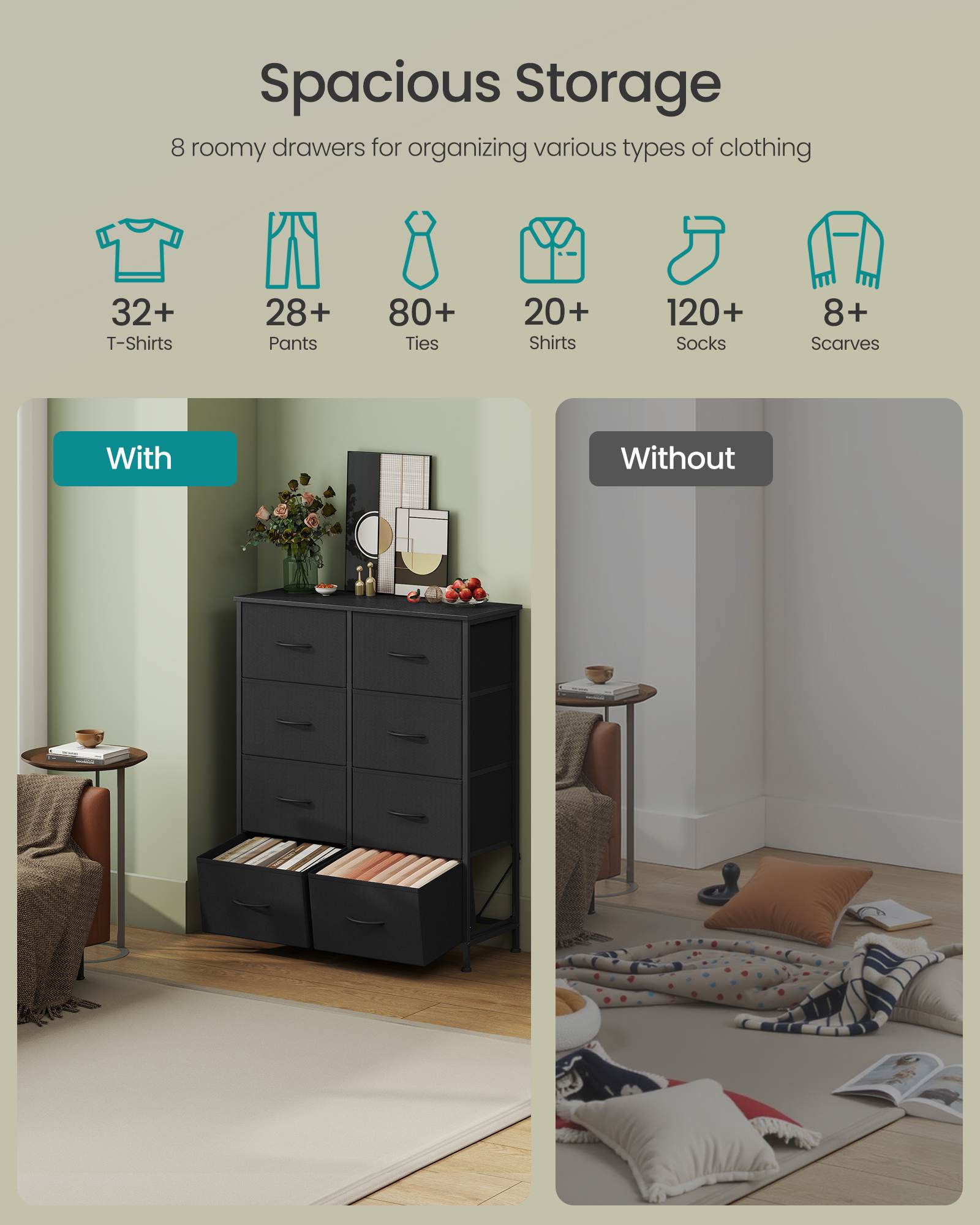 Dresser for Bedroom, 8-Drawer Storage Organizer, Ink Black & Ebony Black, Steel Frame