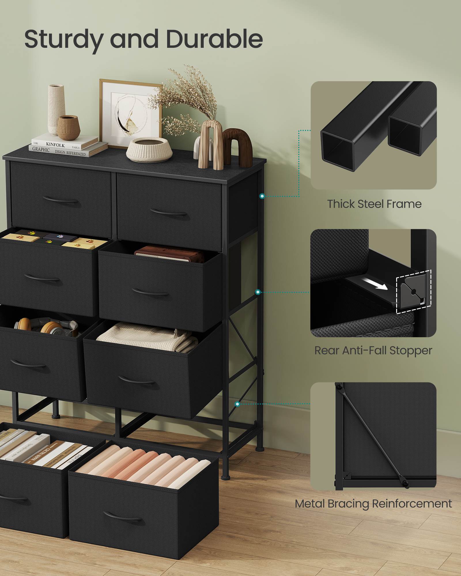 Dresser for Bedroom, 8-Drawer Storage Organizer, Ink Black & Ebony Black, Steel Frame