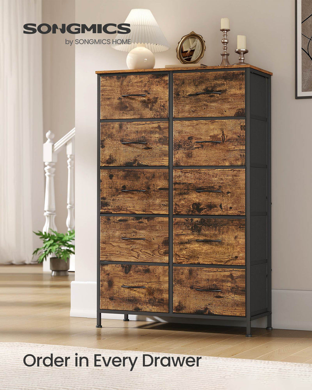 Dresser for Bedroom, 10-Drawer Storage Organizer, Rustic Brown & Ink Black, Steel Frame