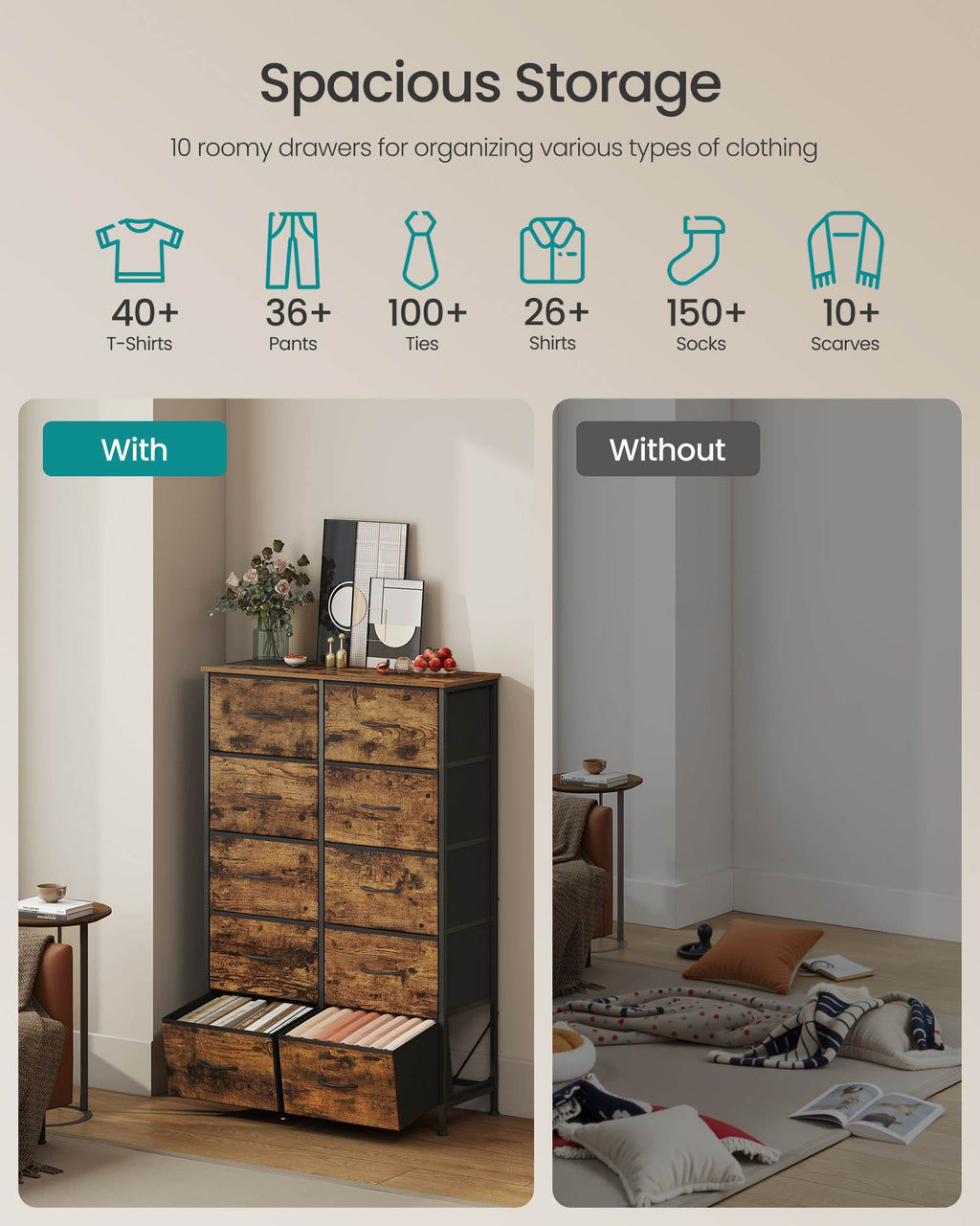 Dresser for Bedroom, 10-Drawer Storage Organizer, Rustic Brown & Ink Black, Steel Frame
