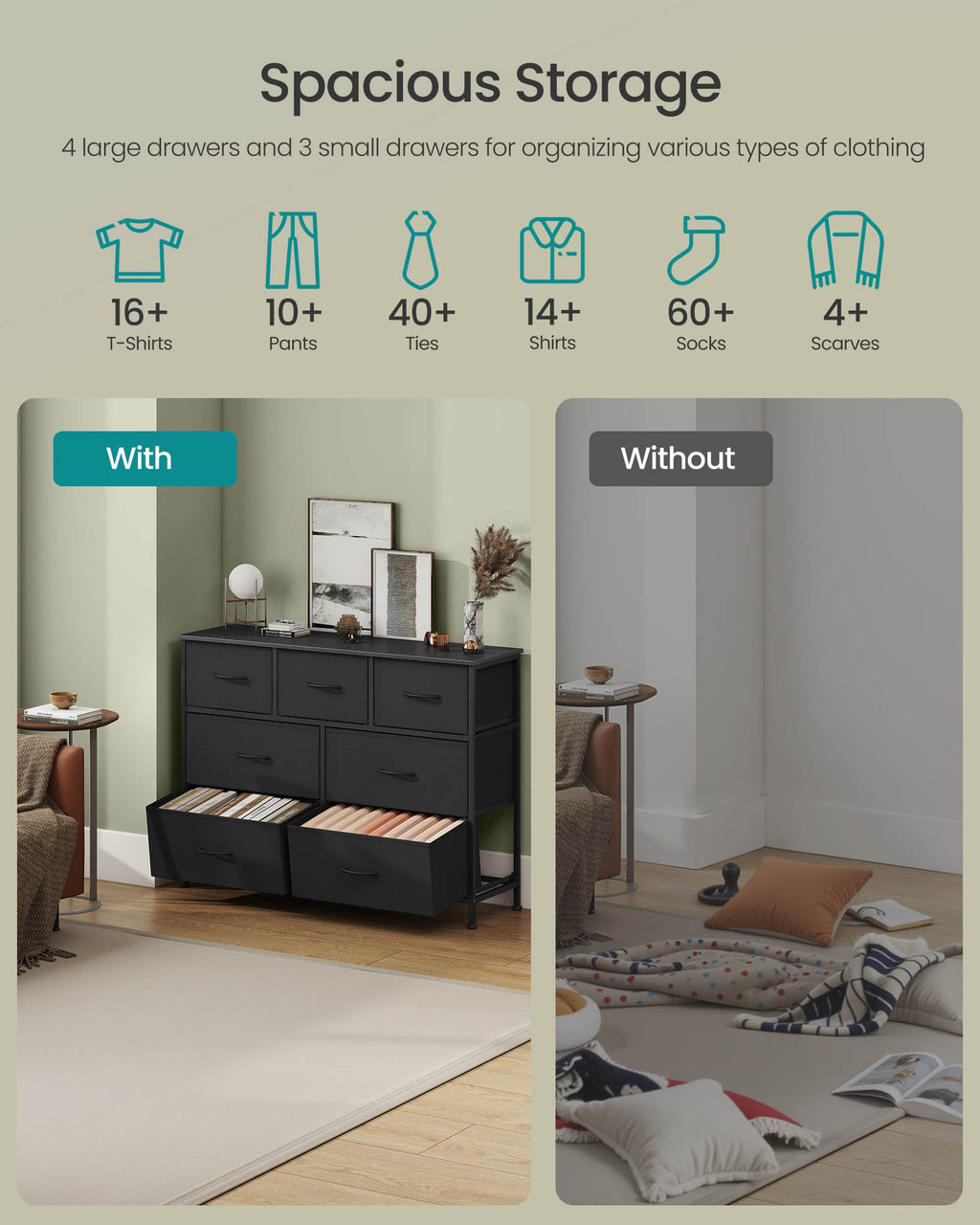 Dresser for Bedroom, 7-Drawer Storage Organizer & TV Stand, Ink Black, Steel Frame