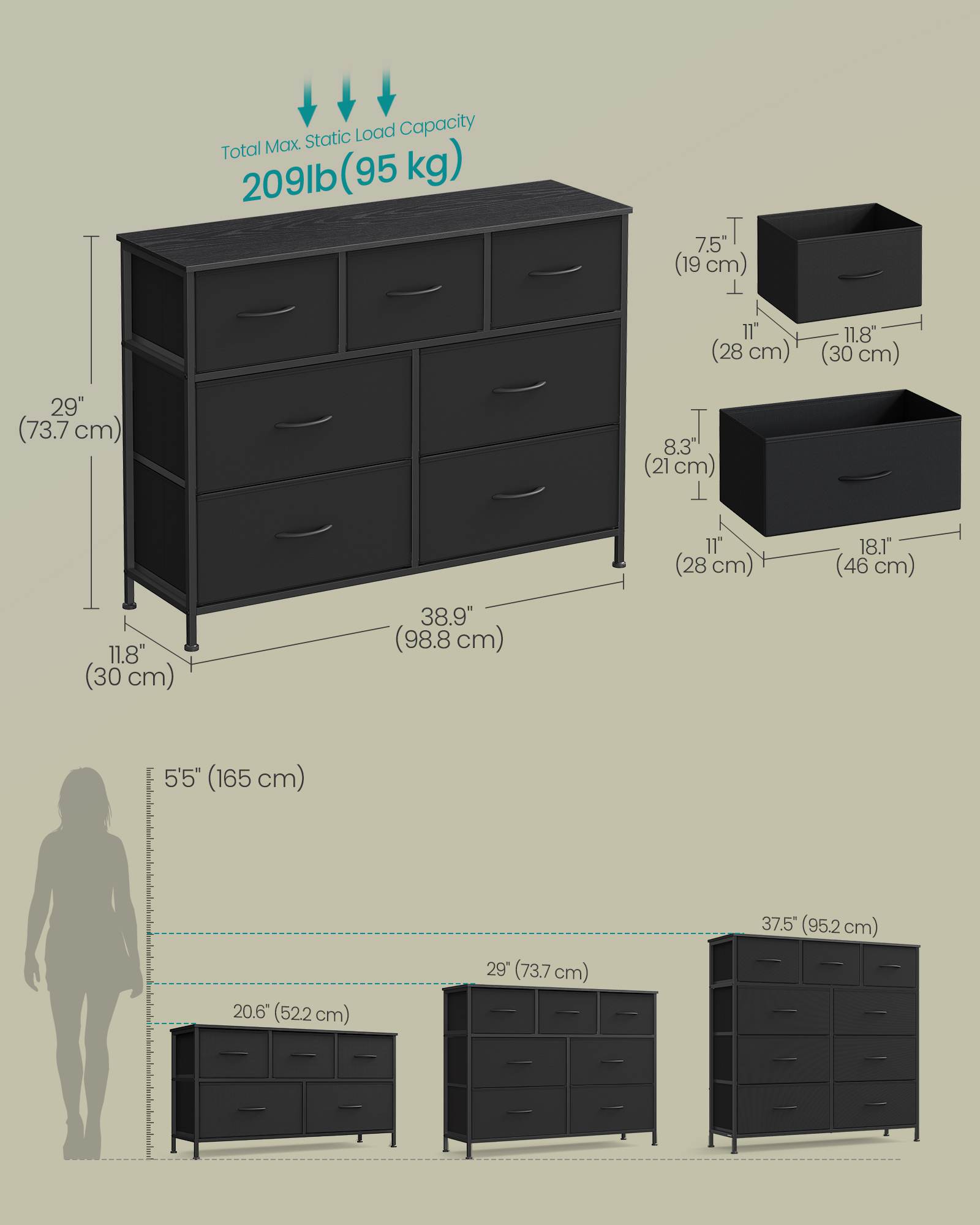 Dresser for Bedroom, 7-Drawer Storage Organizer & TV Stand, Ink Black, Steel Frame