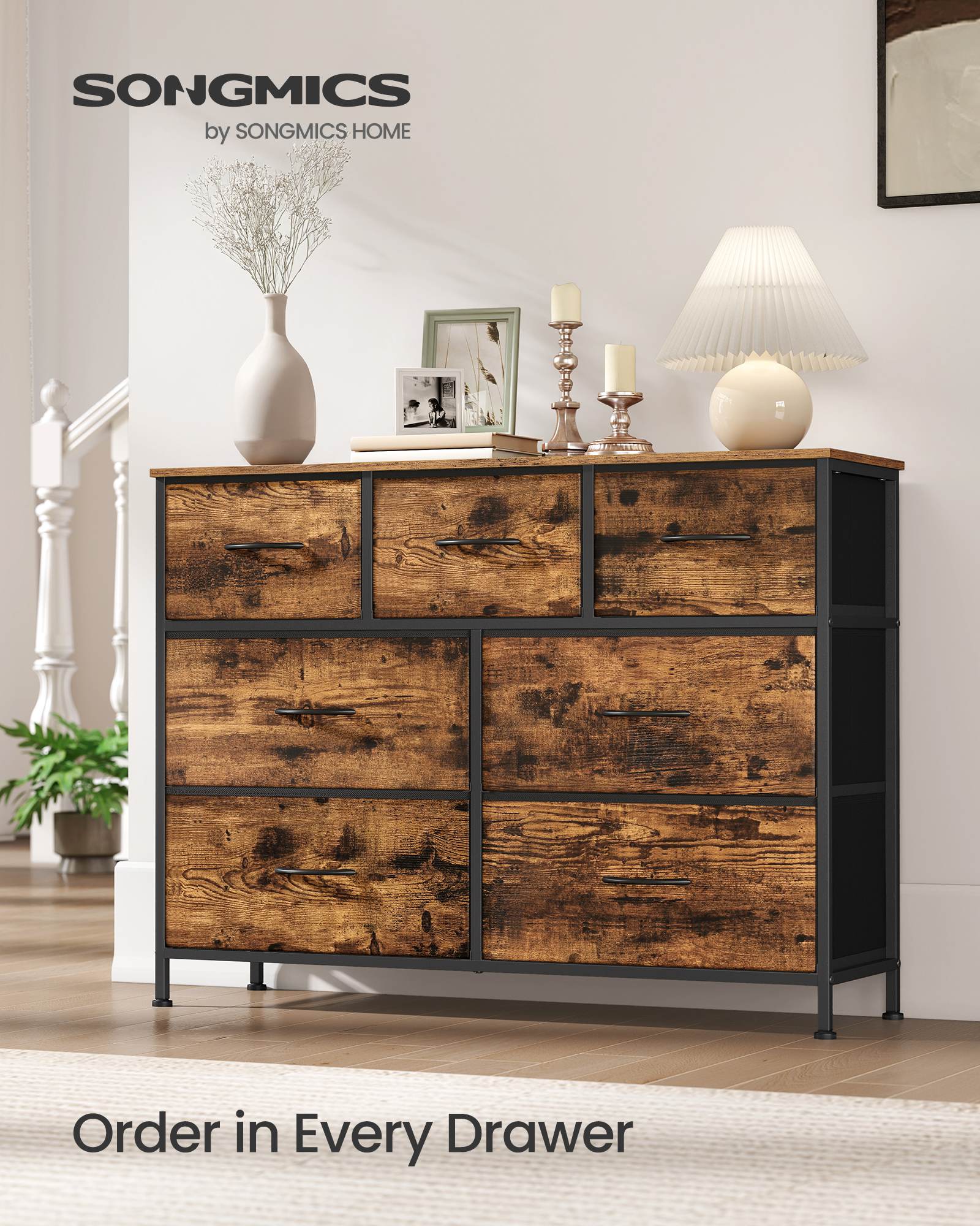 Dresser for Bedroom, 7-Drawer Storage Organizer, Rustic Brown & Ink Black, Steel Frame