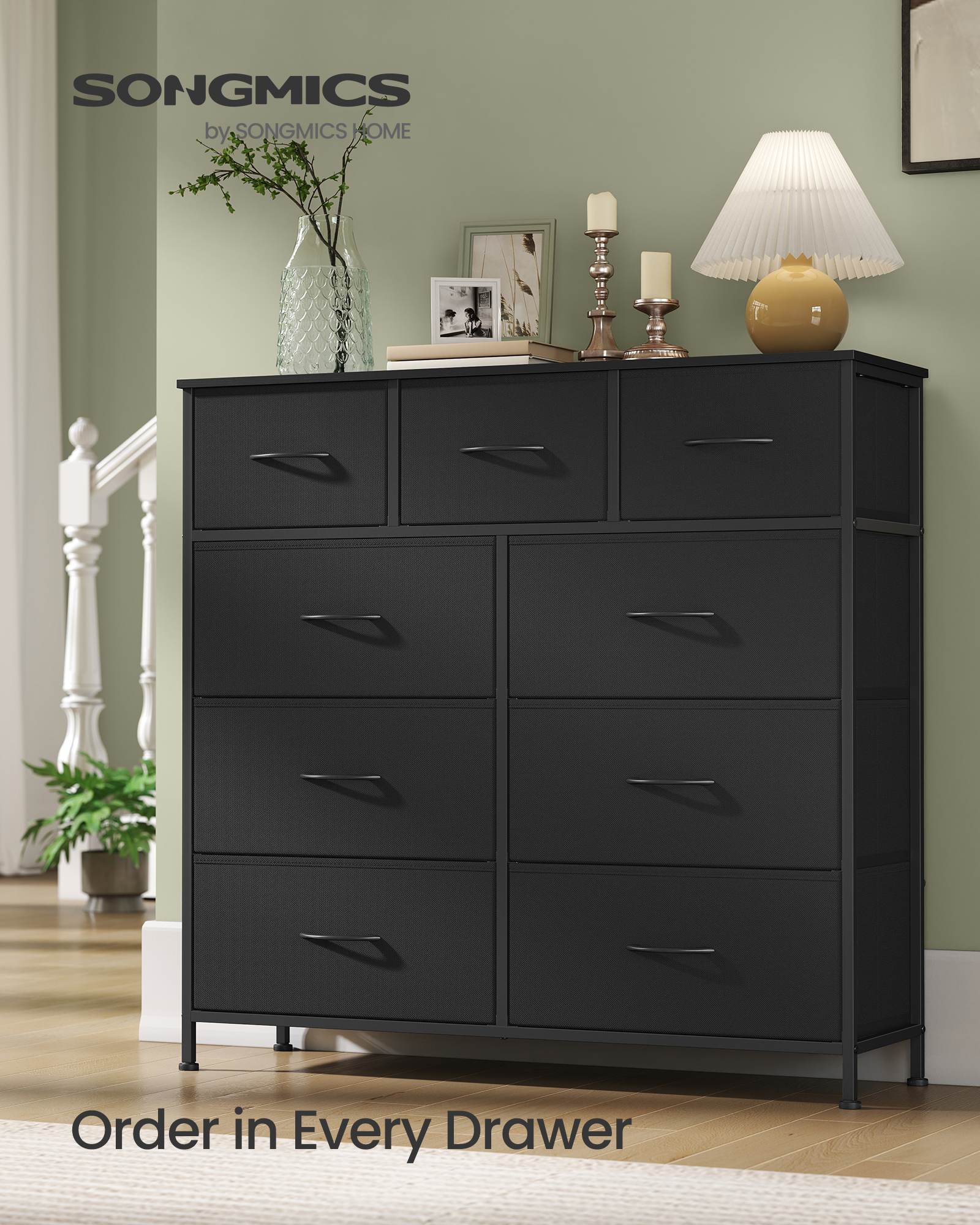 Dresser for Bedroom, 9-Drawer Storage Organizer, Ink Black & Ebony Black, Steel Frame
