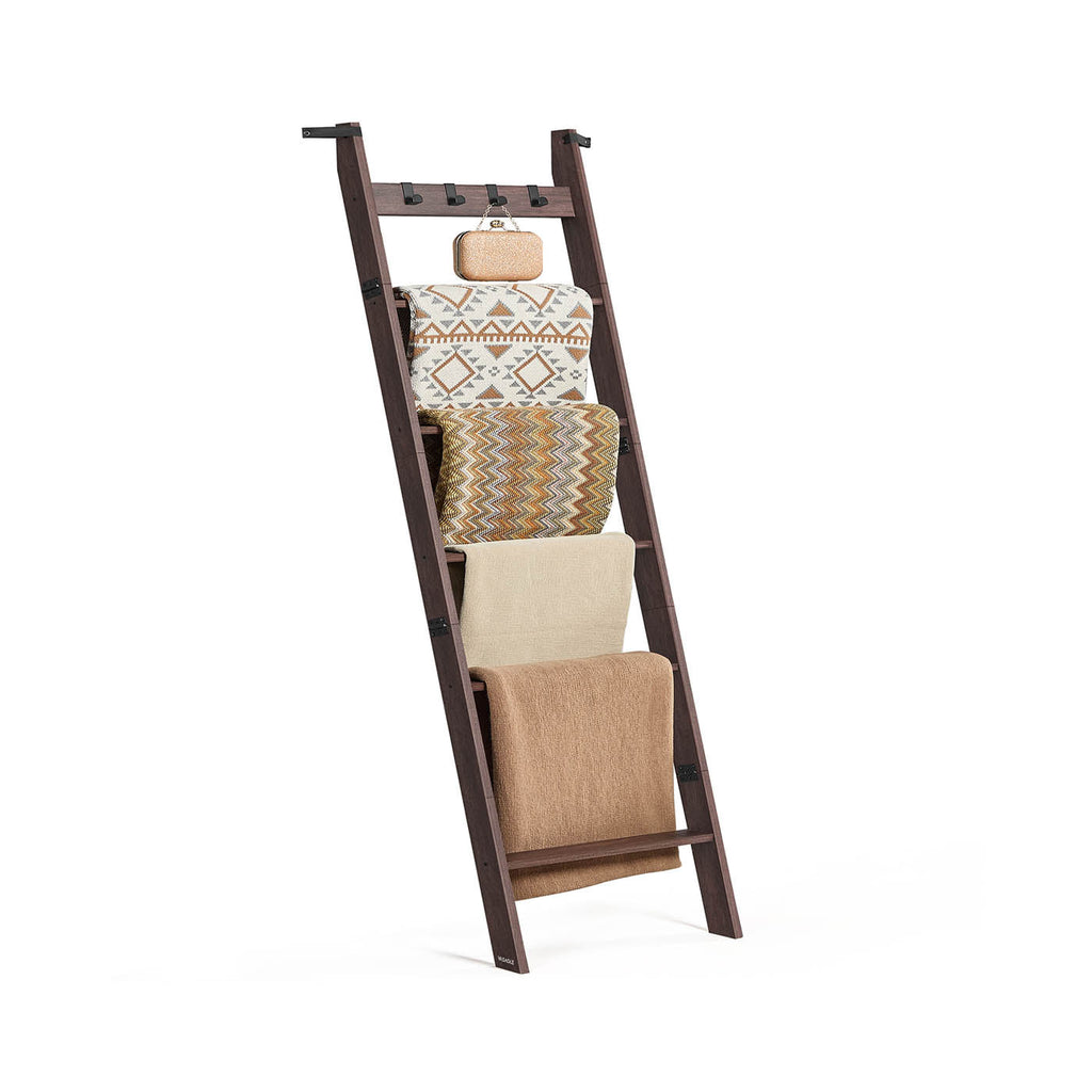 Blanket Ladder 6-Tier Ladder Shelf 4 Removable Hooks Maroon Brown