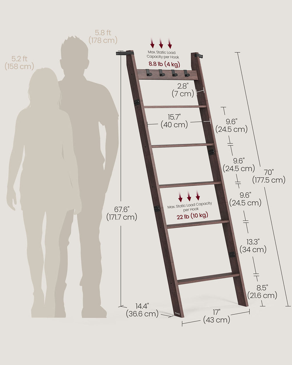Blanket Ladder 6-Tier Ladder Shelf 4 Removable Hooks Maroon Brown