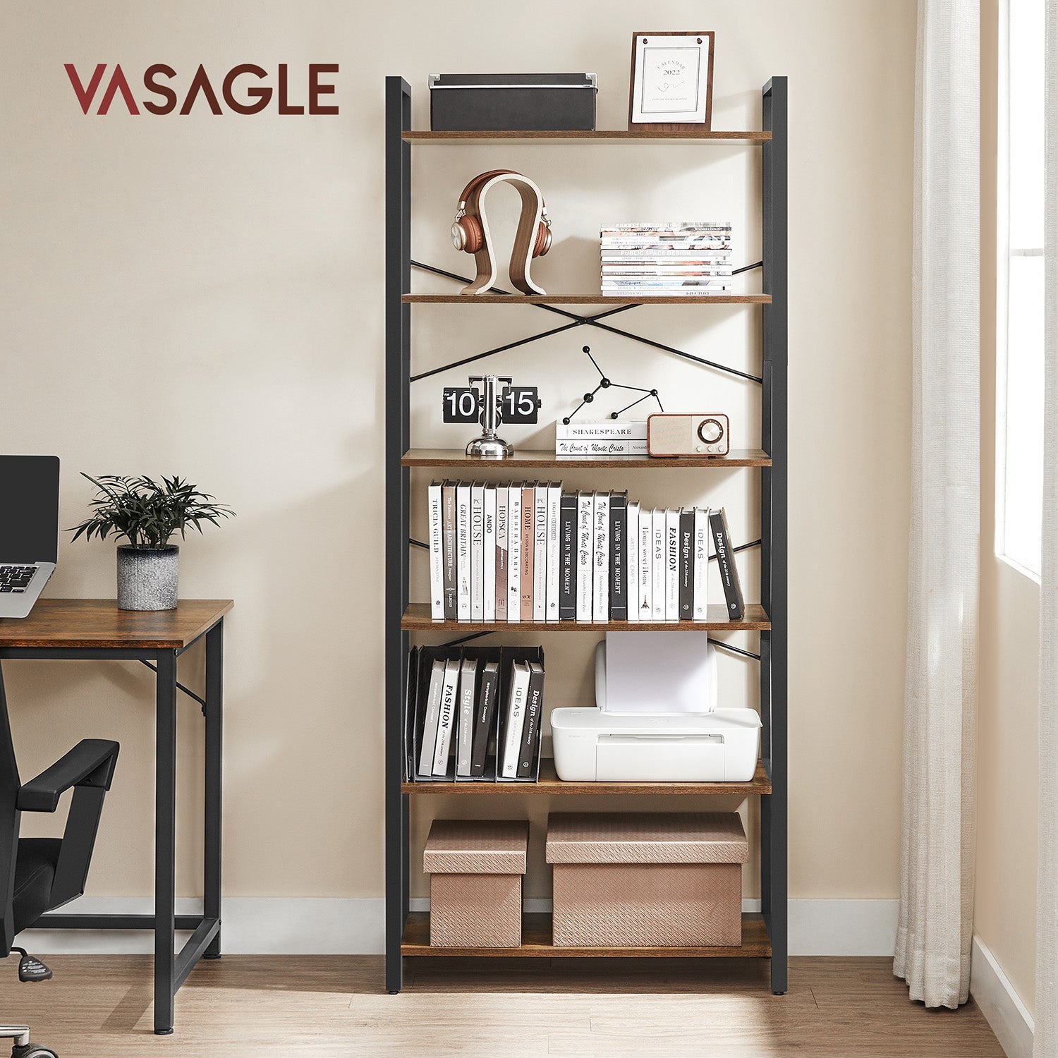 6-Tier Tall Bookshelf with Steel Frame