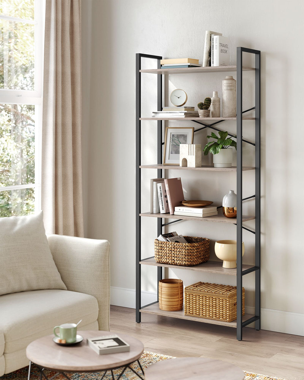 6-Tier Tall Bookshelf with Steel Frame