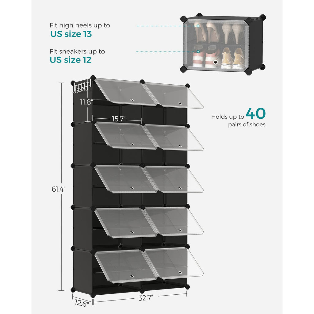 10 Cubes Shoe Organizer with Doors, Holds Up to 40 Pair of Shoes