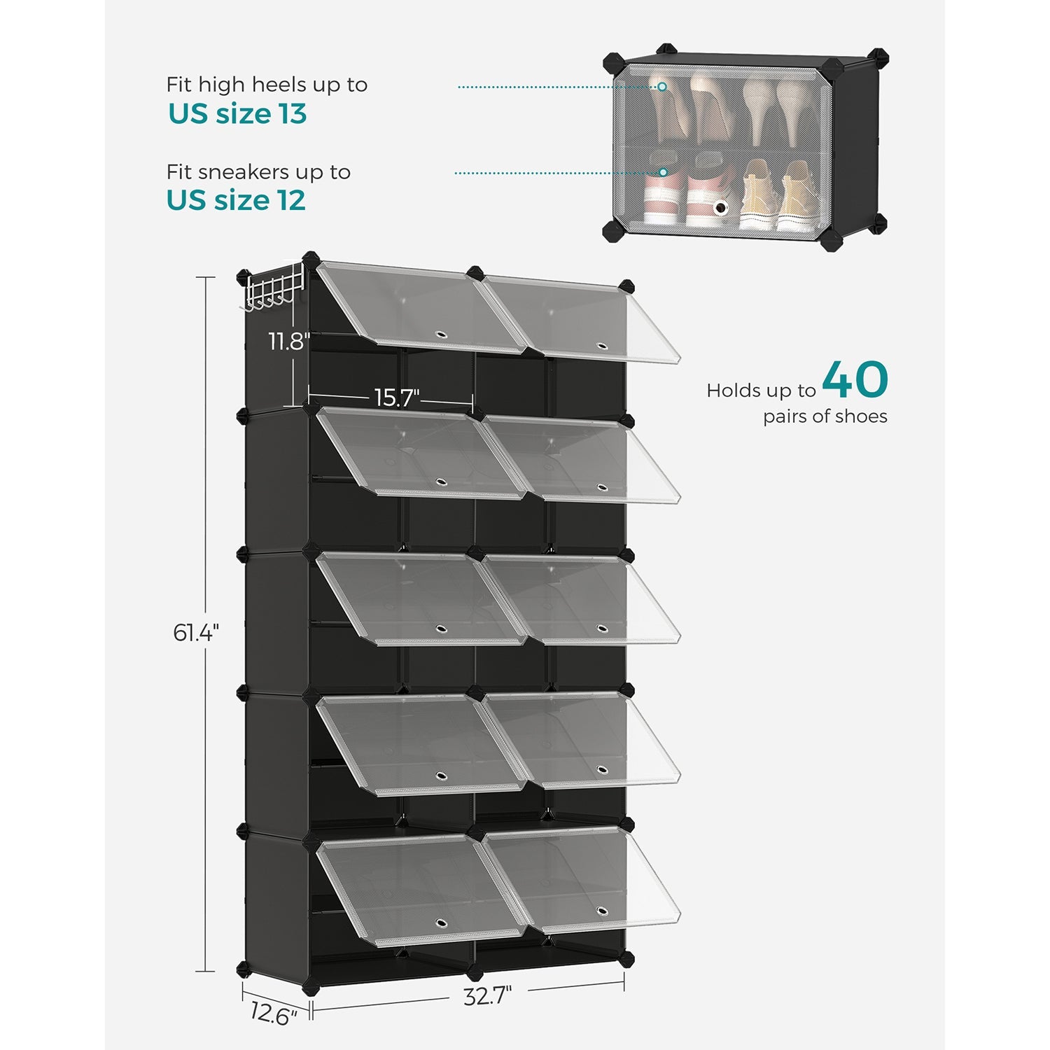 10 Cubes Shoe Organizer with Doors, Holds Up to 40 Pair of Shoes