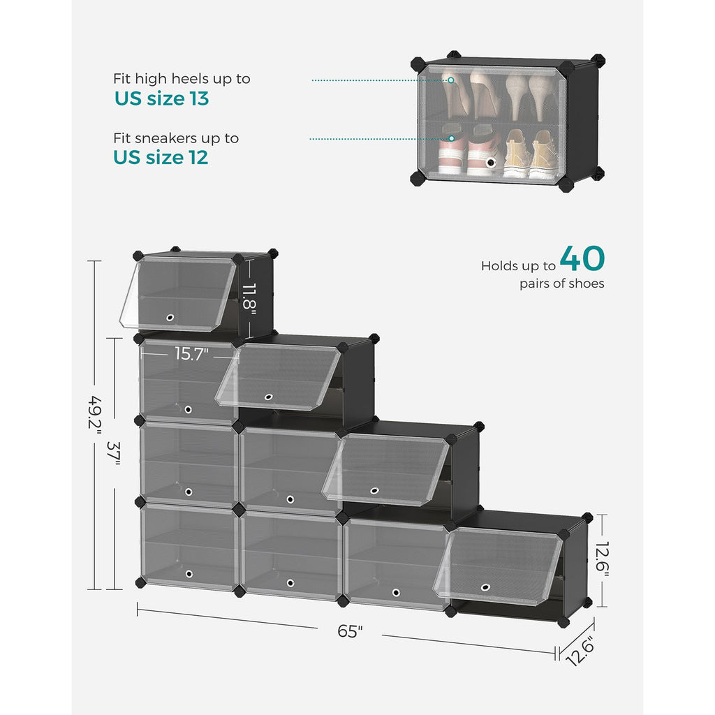 10 Cubes Shoe Organizer with Doors, Holds Up to 40 Pair of Shoes