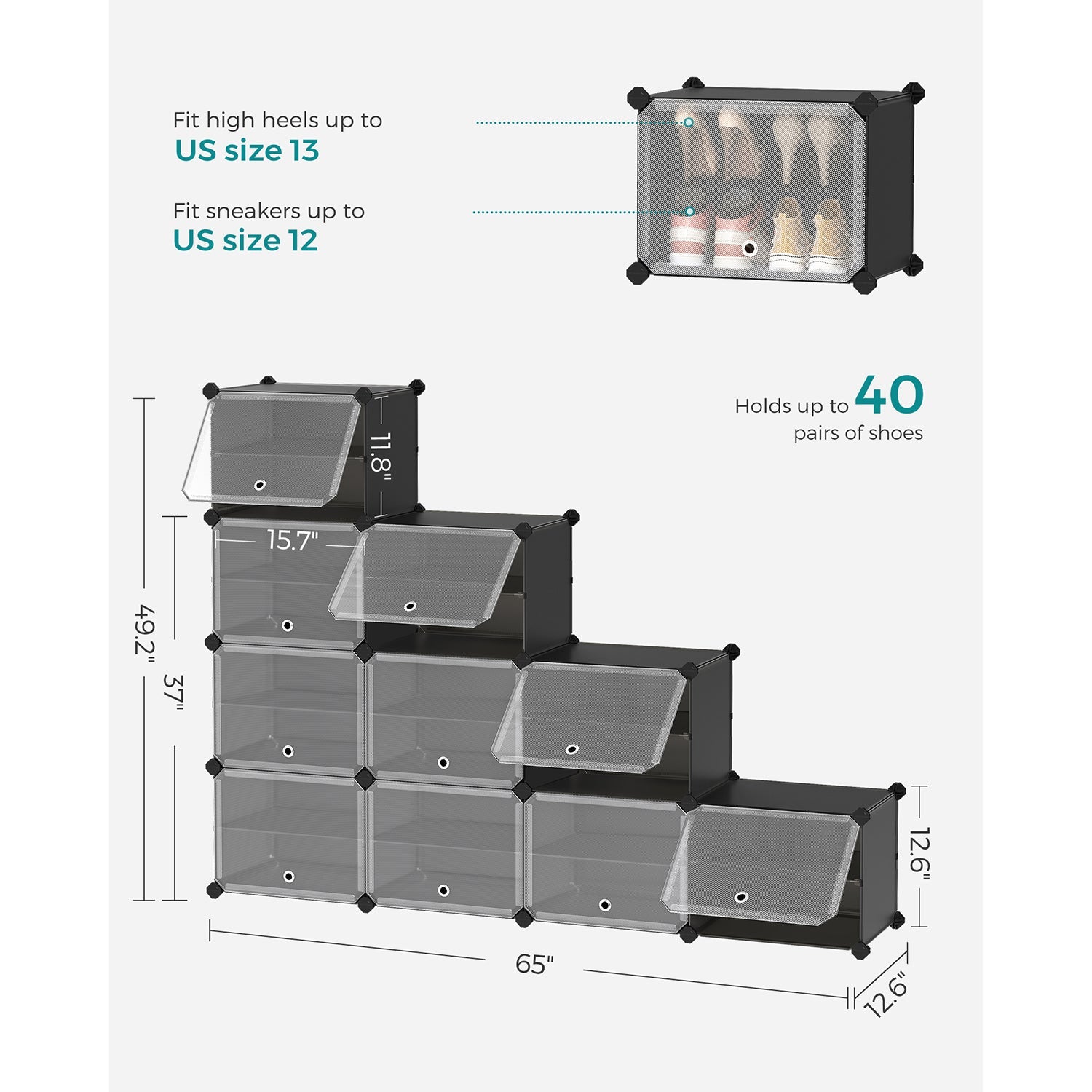 10 Cubes Shoe Organizer with Doors, Holds Up to 40 Pair of Shoes