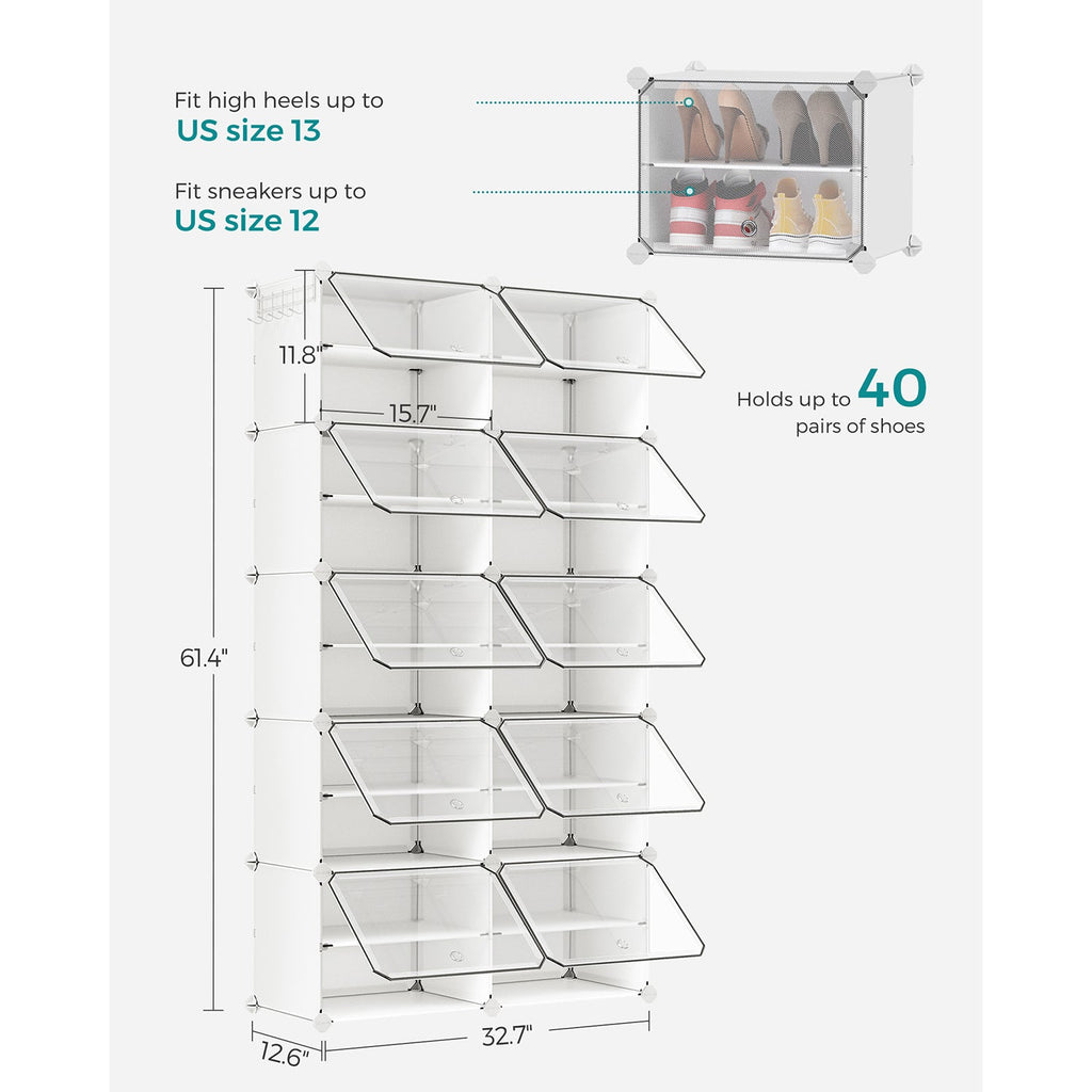 10 Cubes Shoe Organizer with Doors, Holds Up to 40 Pair of Shoes