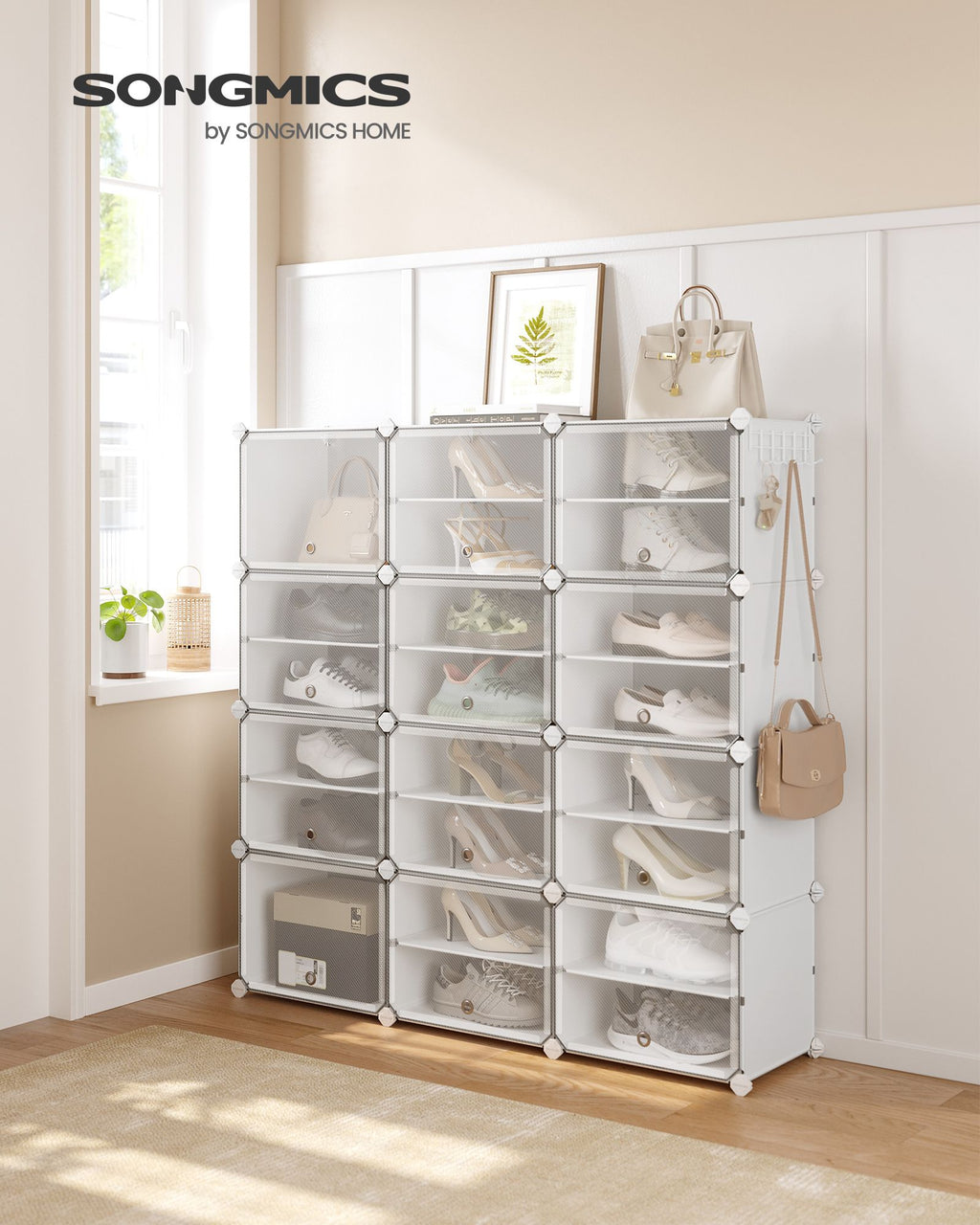 12 Cubes Shoe Organizer with Doors, Holds Up to 48 Pair of Shoes