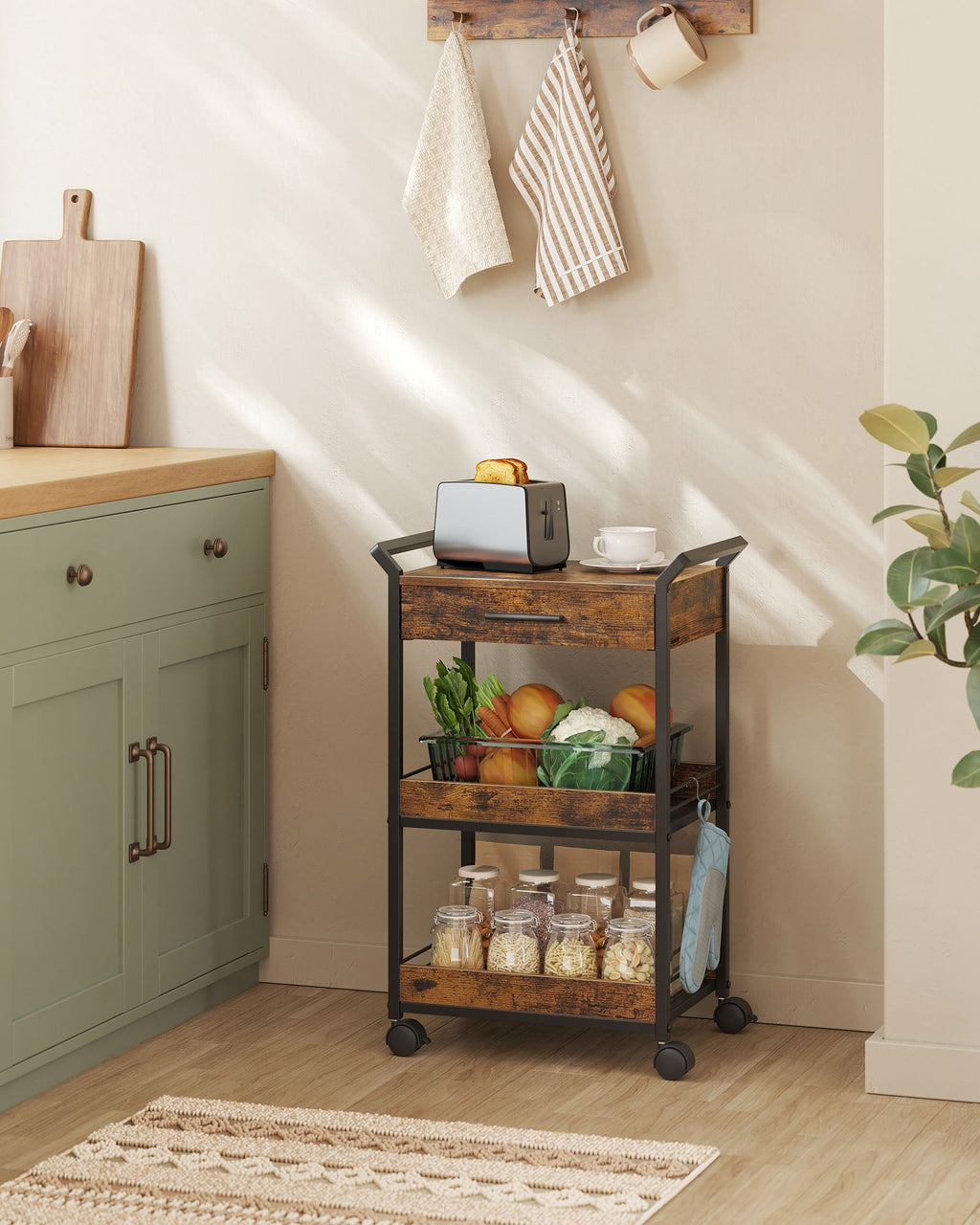 3-Tier Rolling Utility Cart with Table Top, Handles