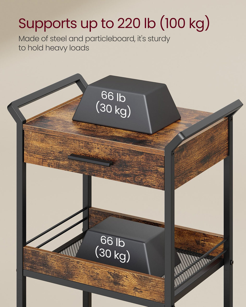 3-Tier Rolling Utility Cart with Table Top, Handles