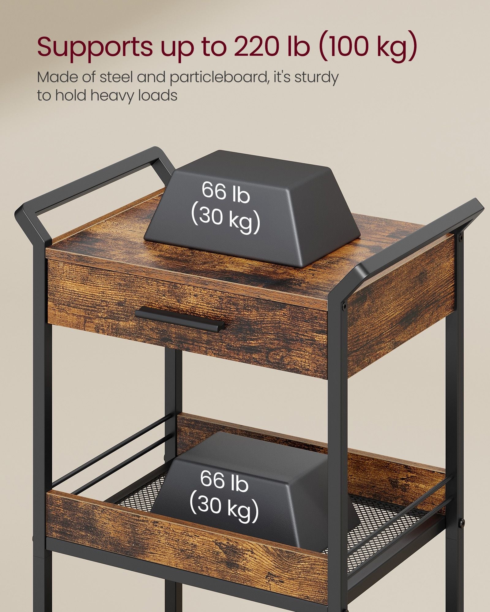 3-Tier Rolling Utility Cart with Table Top, Handles