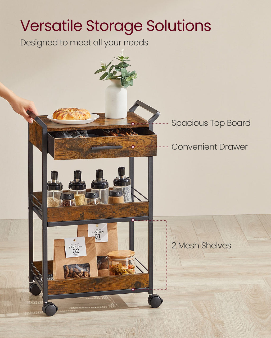 3-Tier Rolling Utility Cart with Table Top, Handles