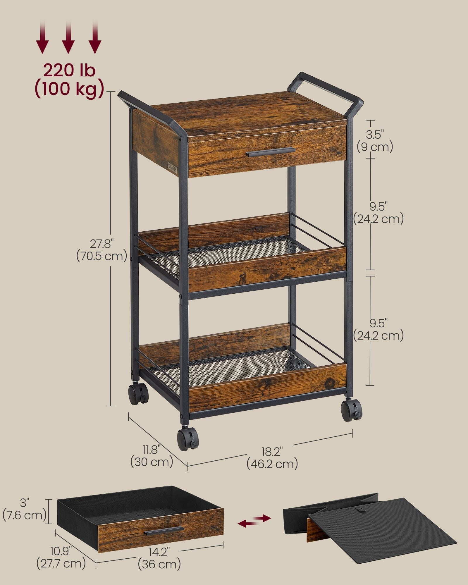 3-Tier Rolling Utility Cart with Table Top, Handles