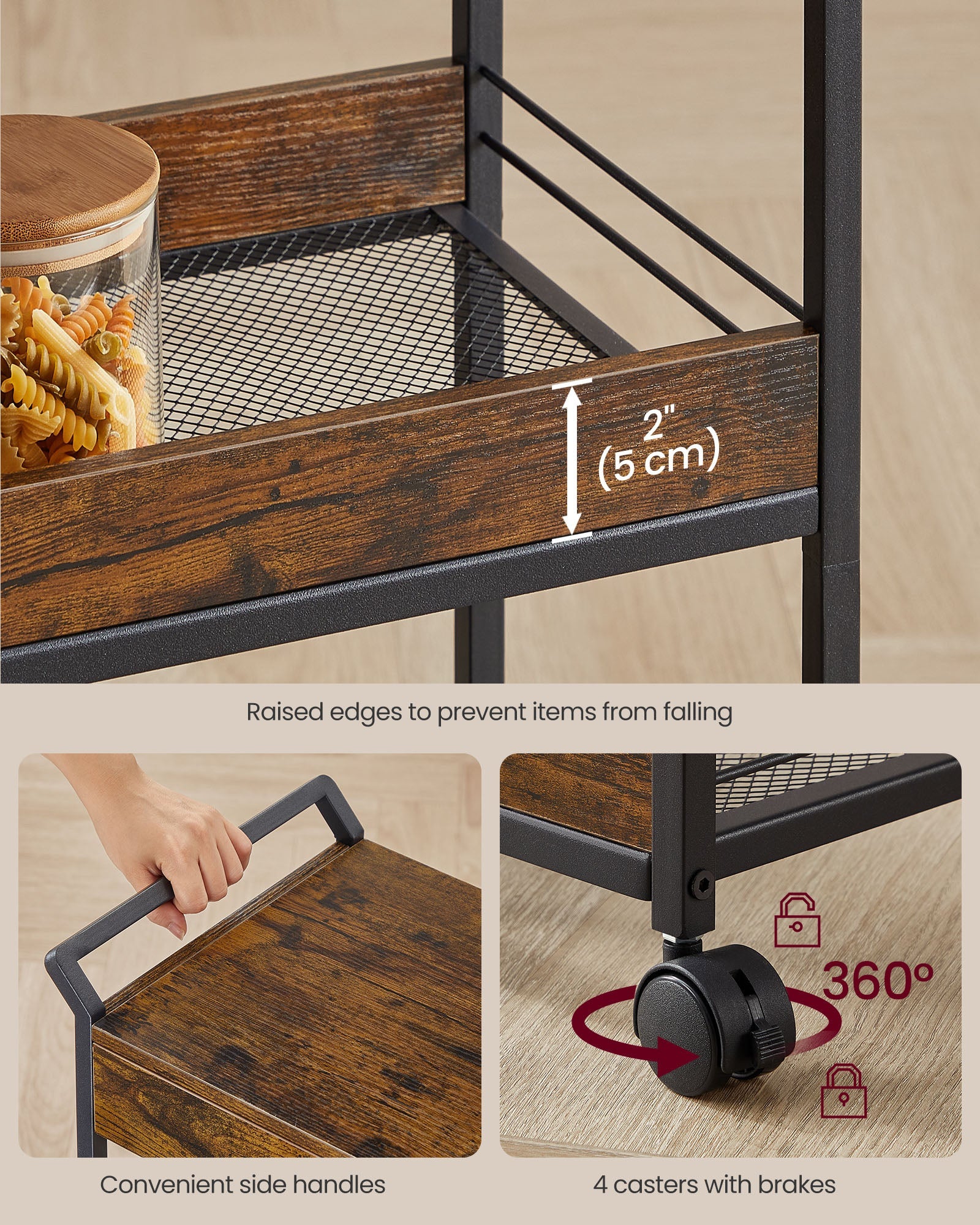3-Tier Rolling Utility Cart with Table Top, Handles
