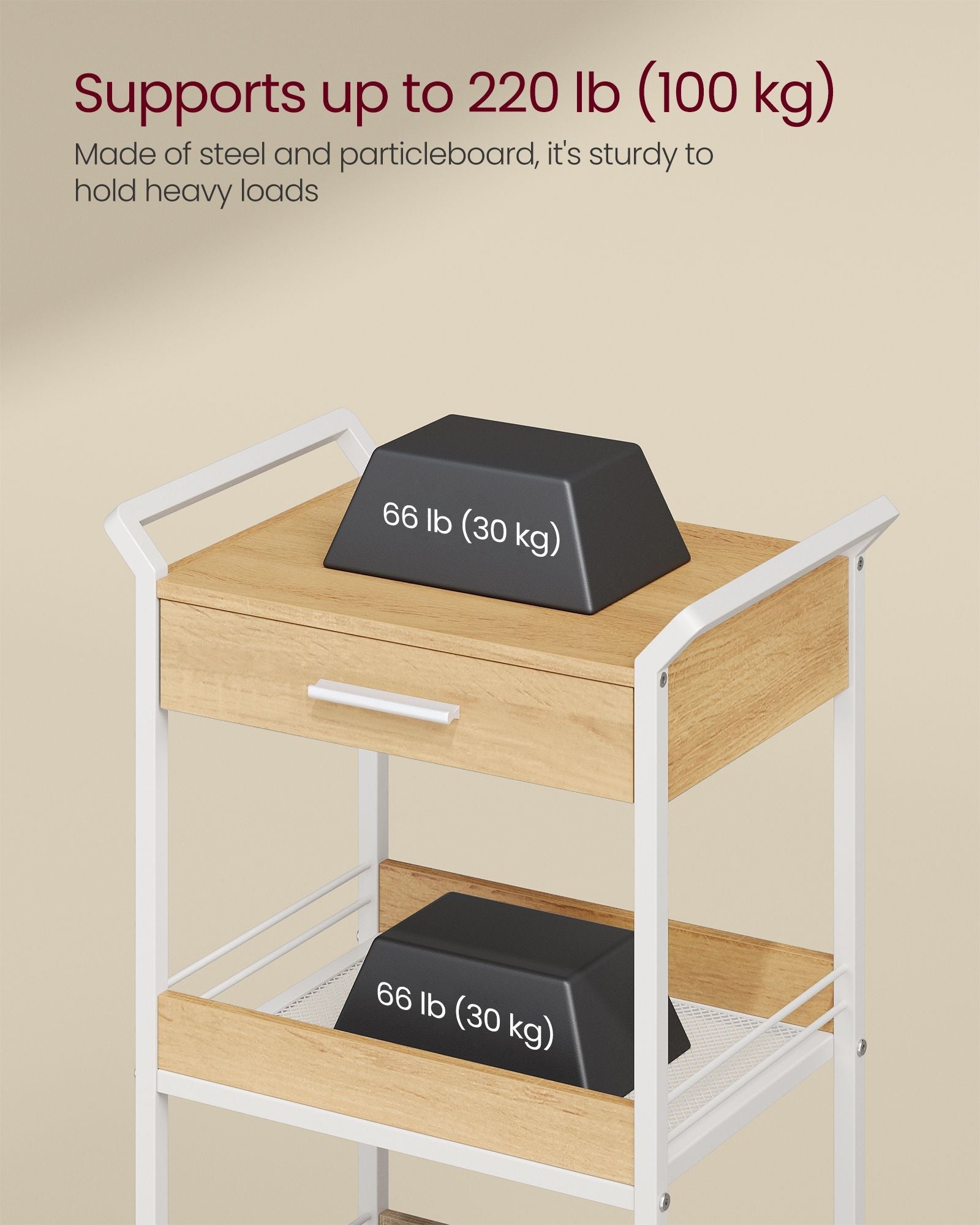 3-Tier Rolling Utility Cart with Table Top, Handles