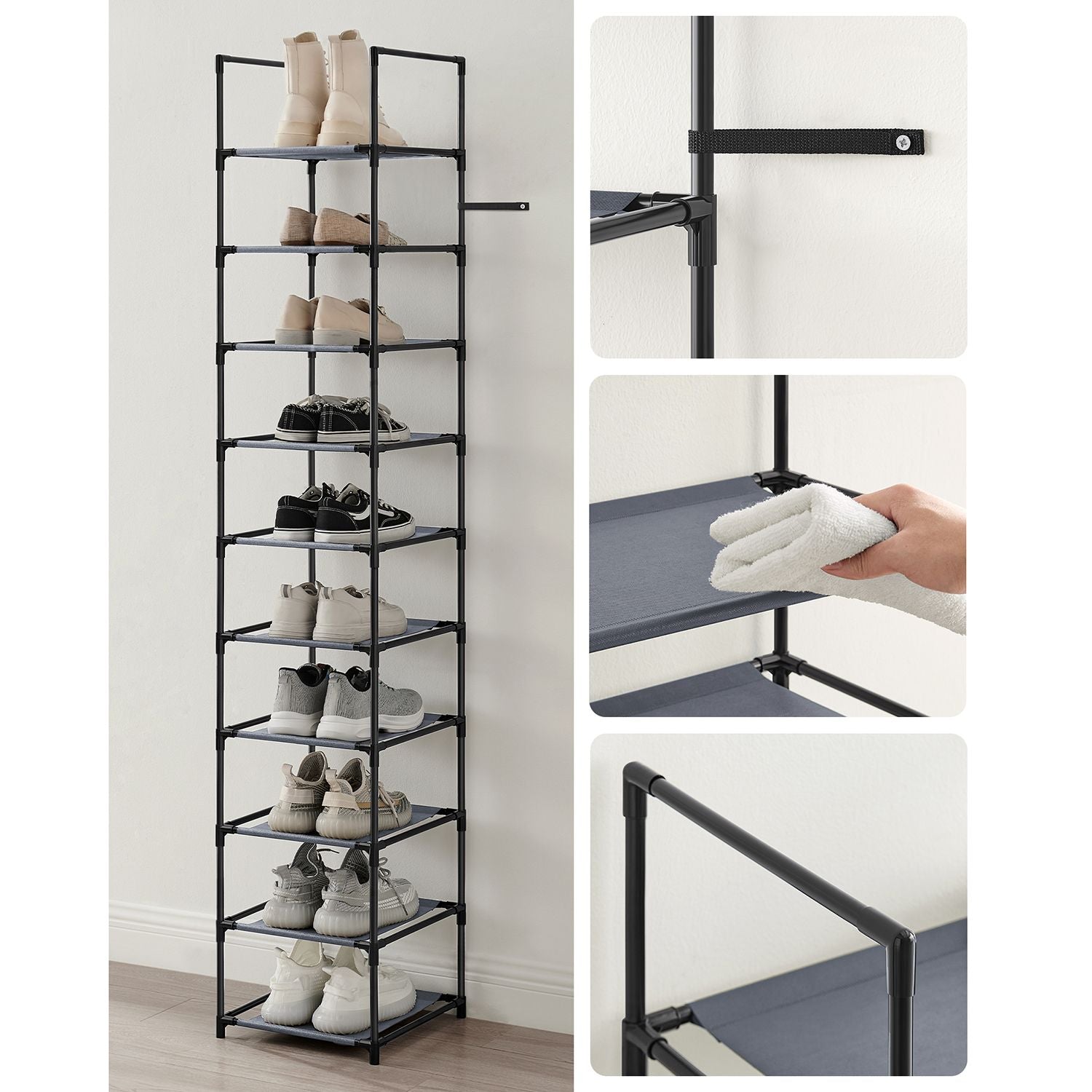 10-Tier Shoe Shelf with Metal Frame